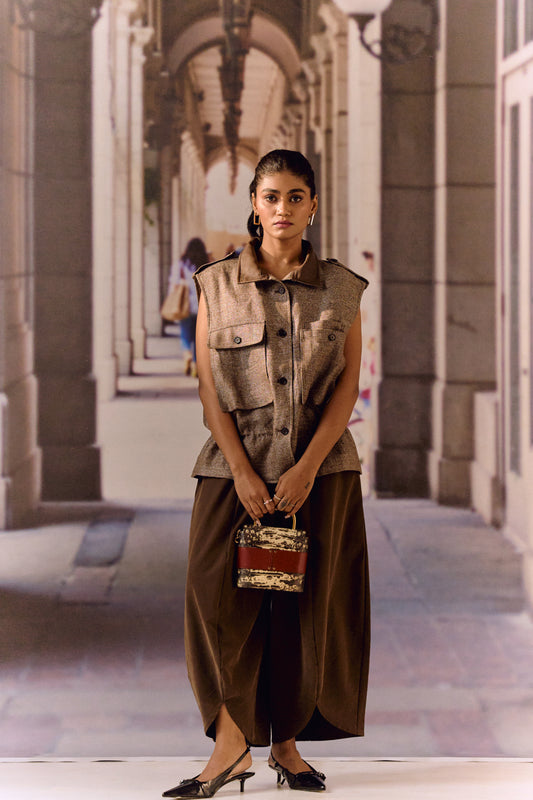 Twill linen oversized vest - Coffee