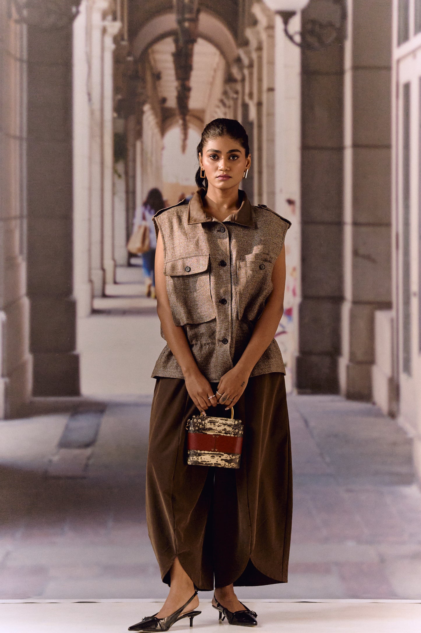 Twill linen oversized vest - Coffee