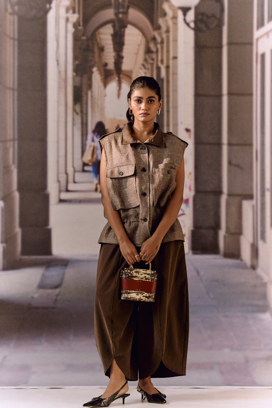 Twill linen oversized vest - Coffee