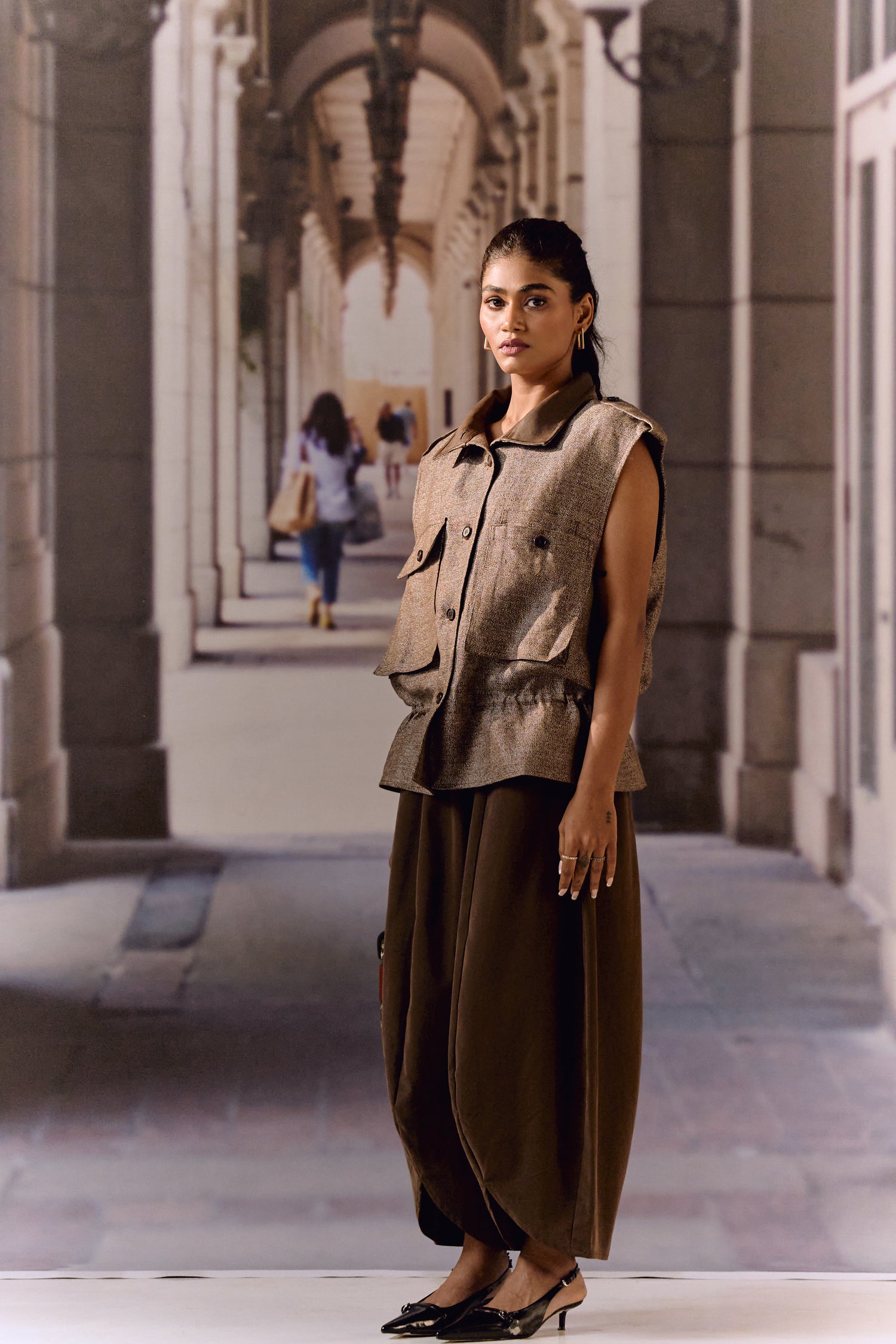 Twill linen oversized vest - Coffee