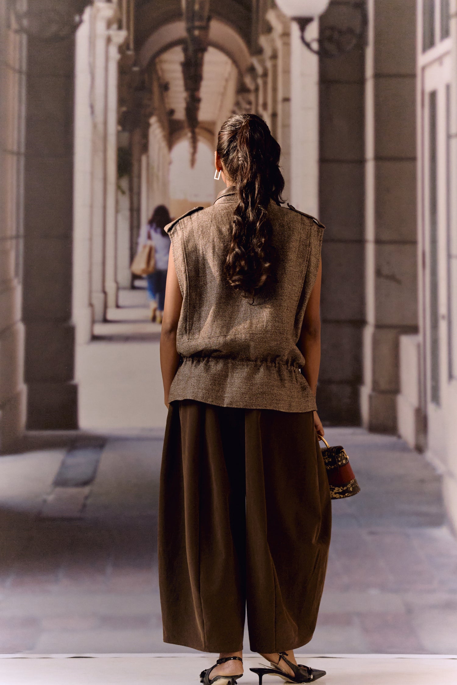 Twill linen oversized vest - Coffee