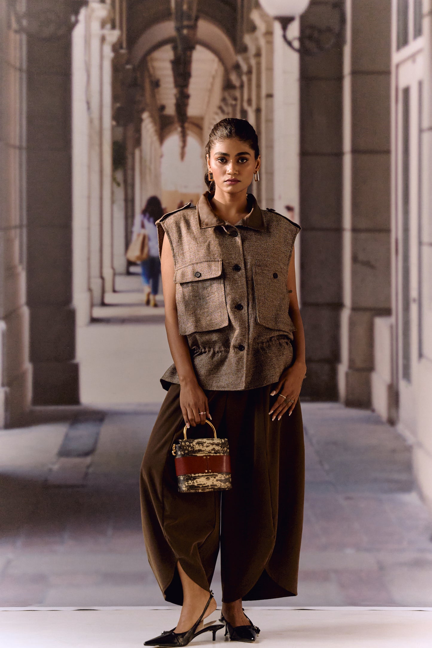 Twill linen oversized vest - Coffee