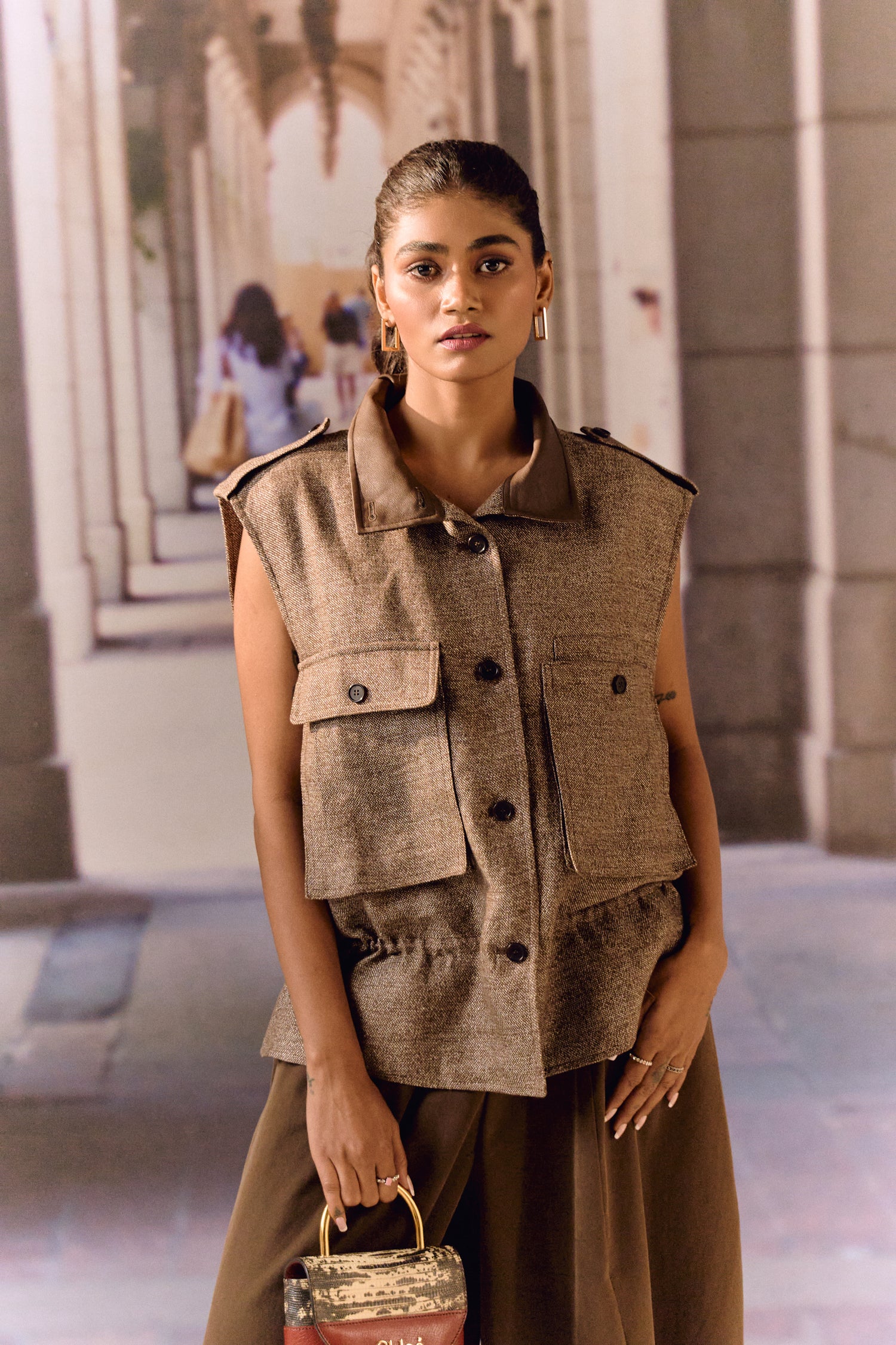 Twill linen oversized vest - Coffee