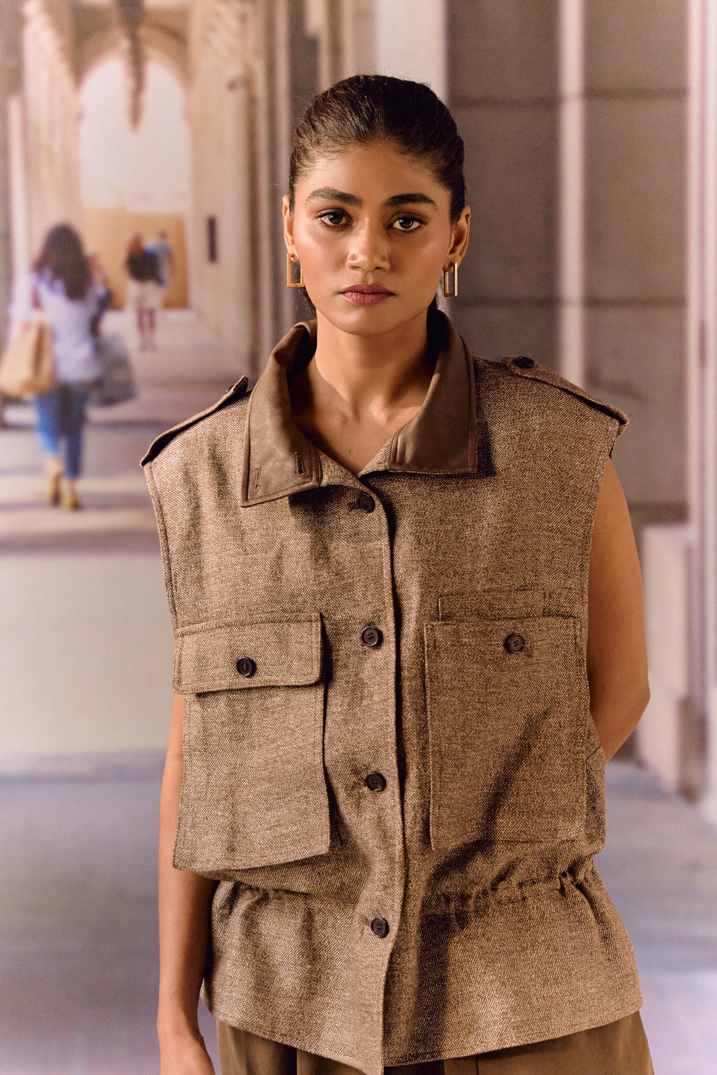 Twill linen oversized vest - Coffee