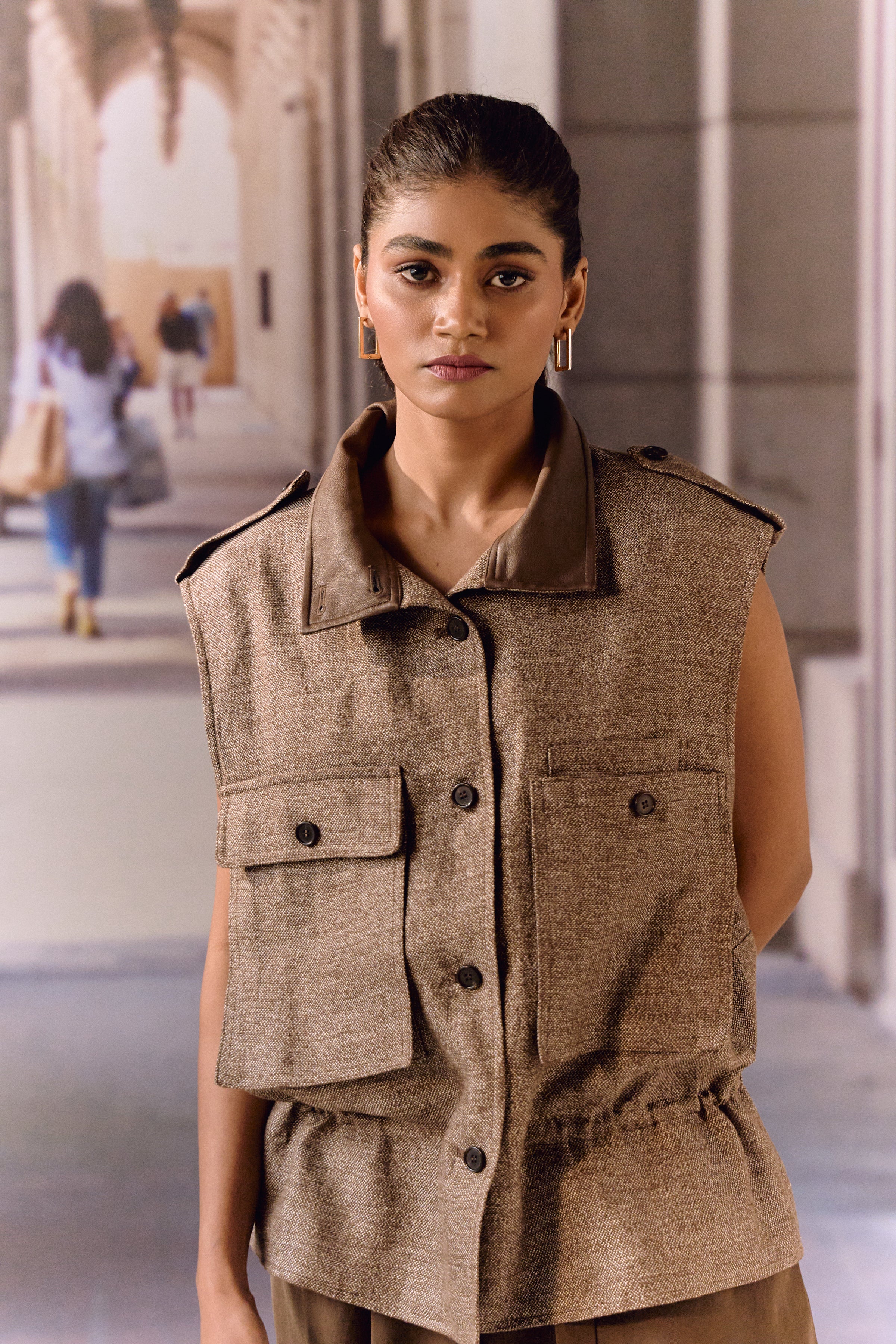 Twill linen oversized vest - Coffee