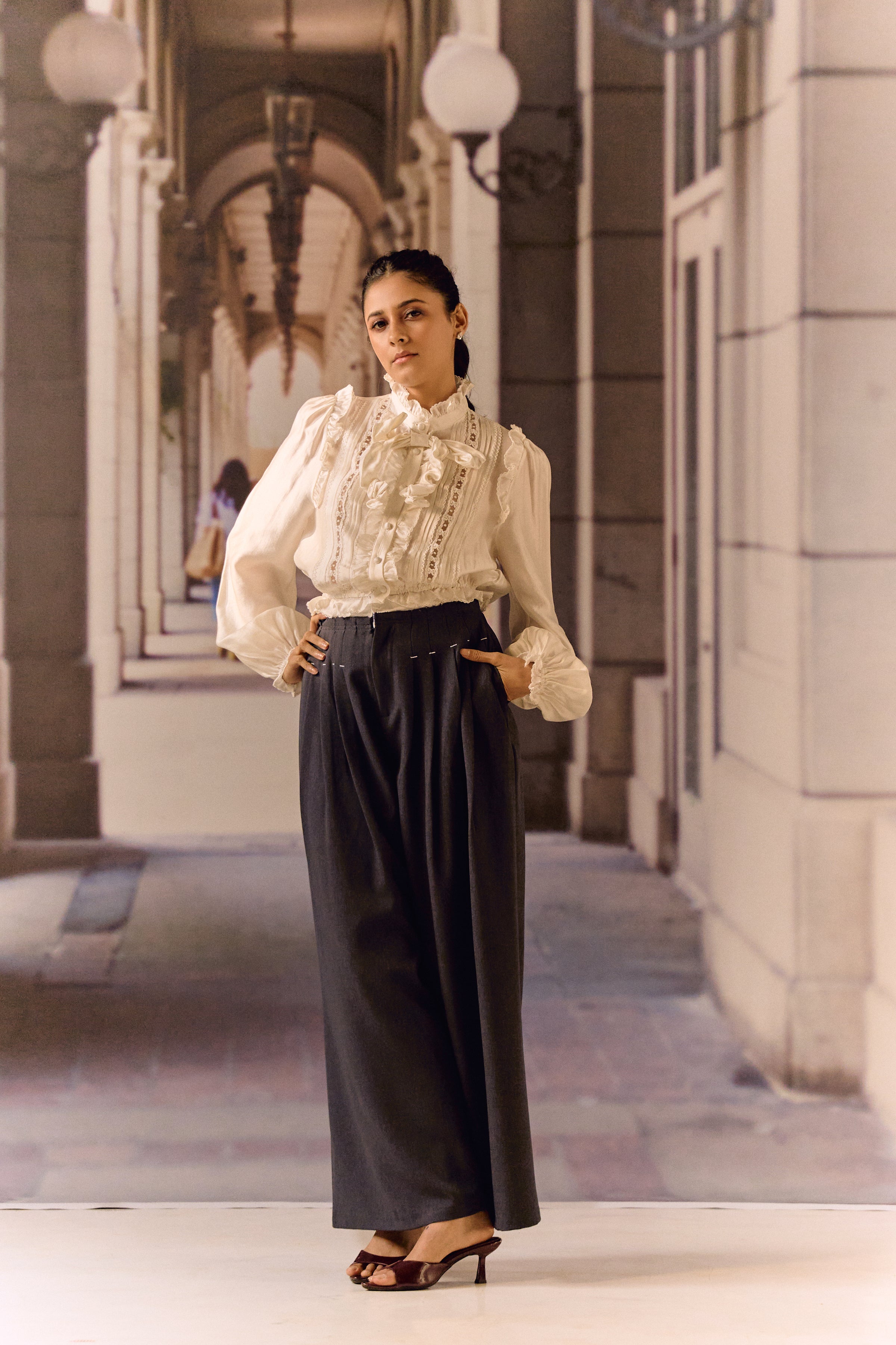 Silk Cotton Pintuck Ruffle Blouse