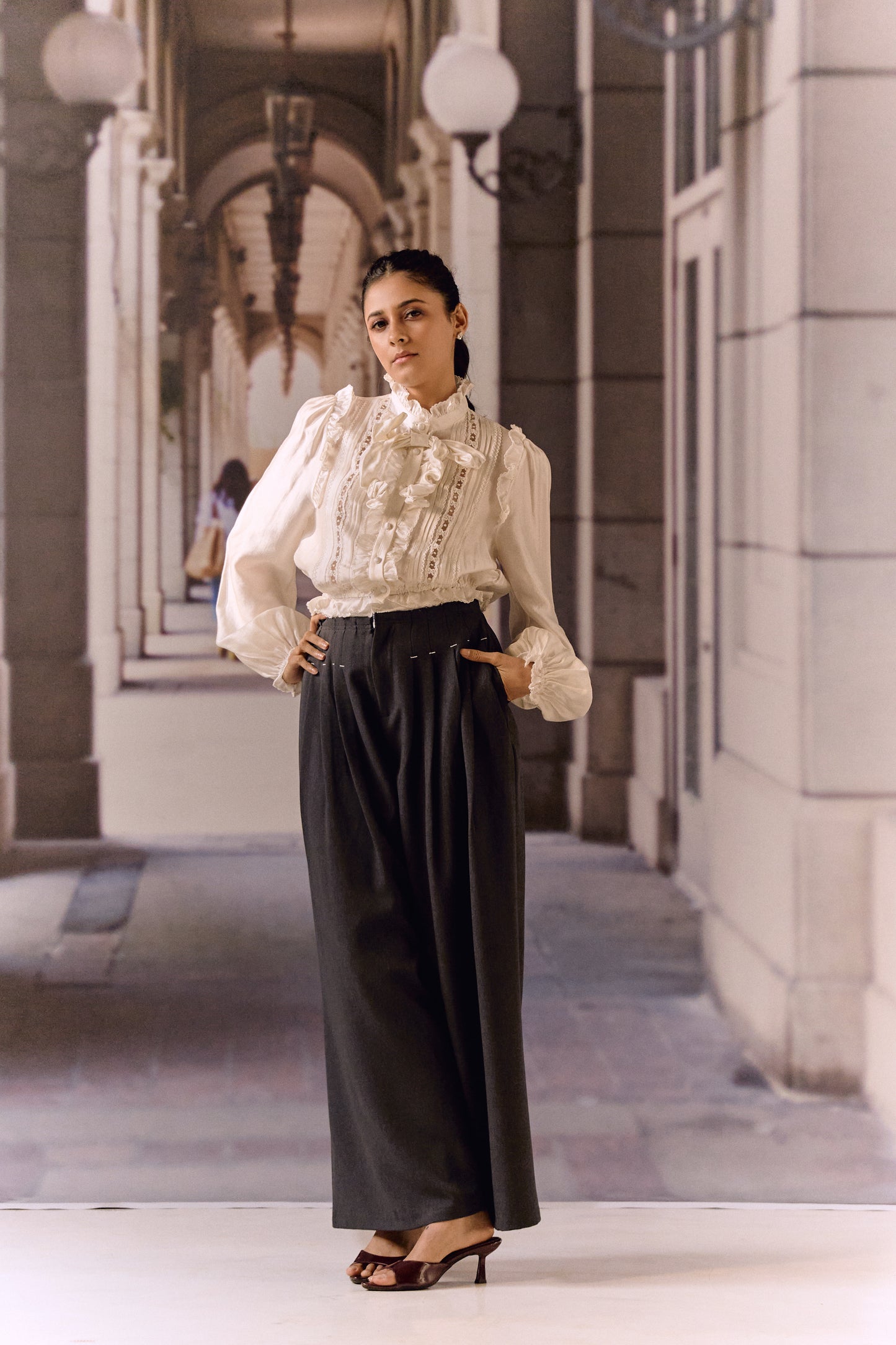 Silk Cotton Pintuck Ruffle Blouse