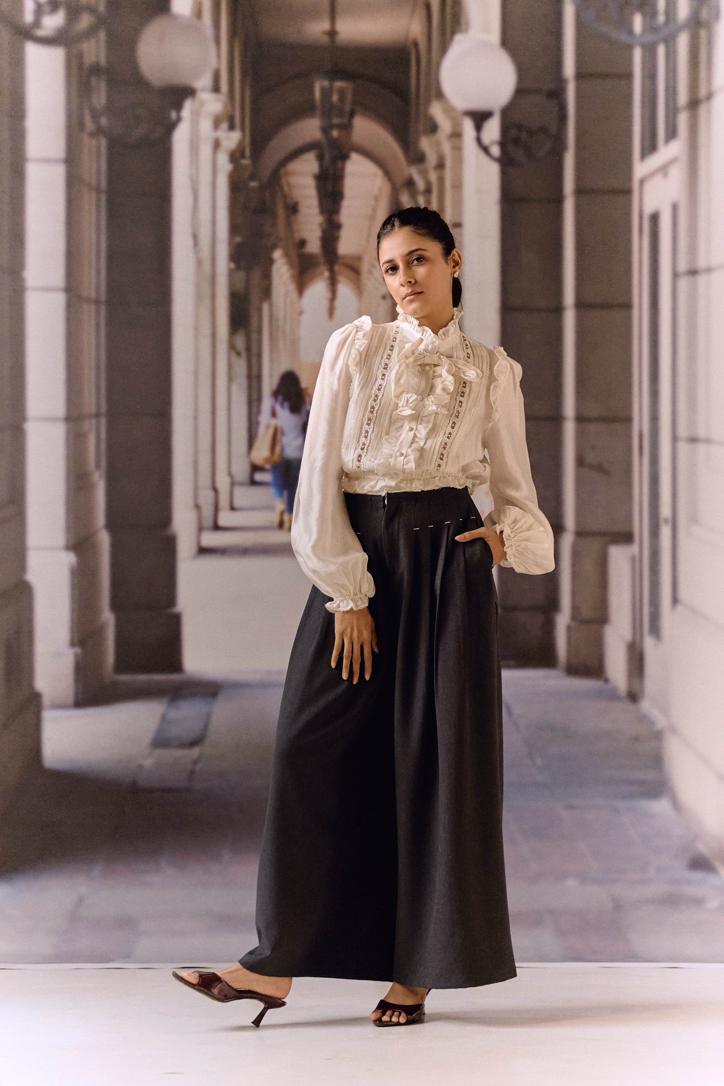 Silk Cotton Pintuck Ruffle Blouse