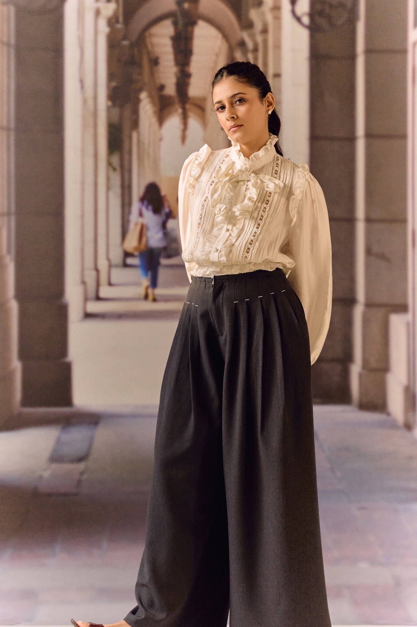 Silk Cotton Pintuck Ruffle Blouse