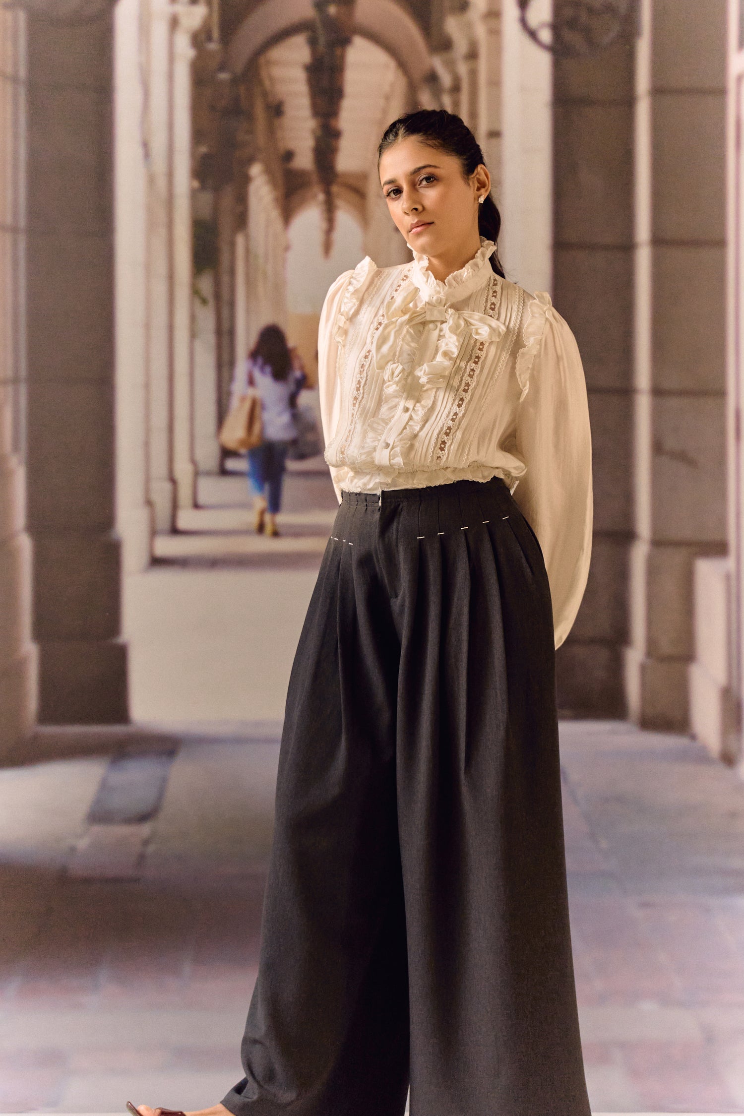 Silk Cotton Pintuck Ruffle Blouse