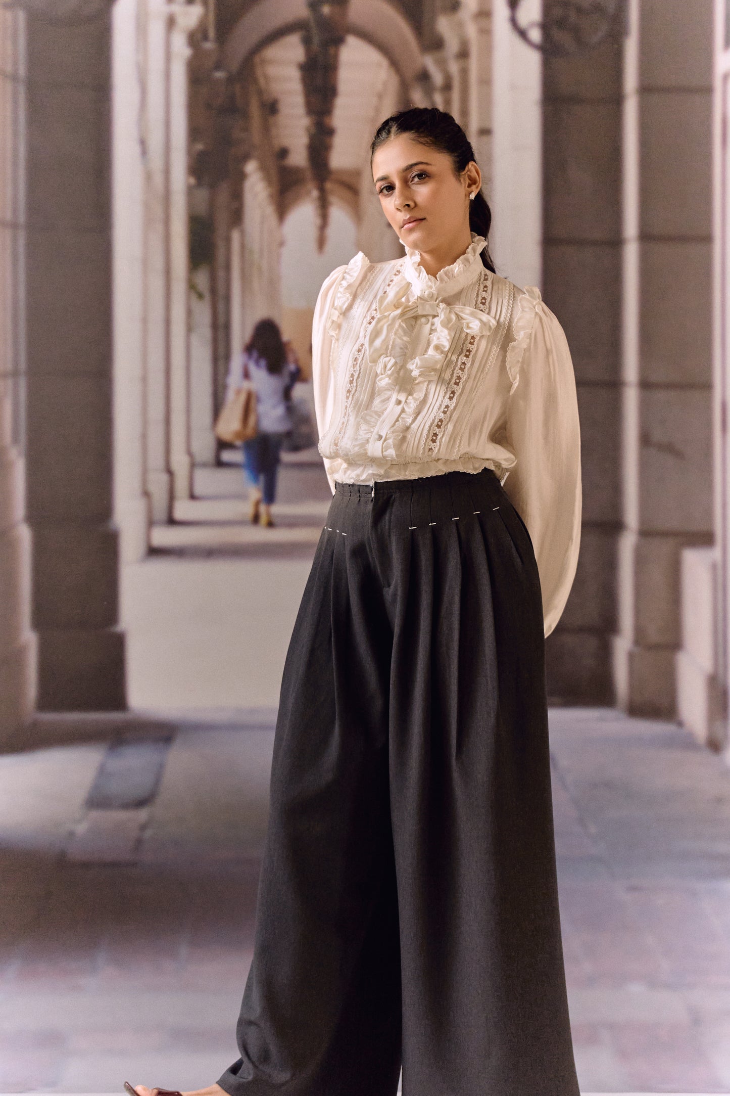 Silk Cotton Pintuck Ruffle Blouse