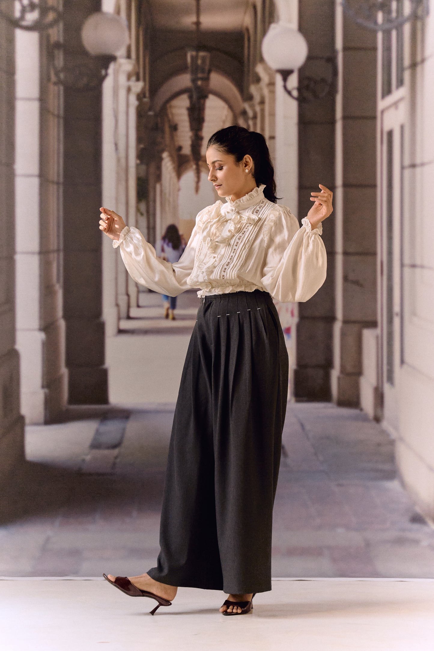 Silk Cotton Pintuck Ruffle Blouse