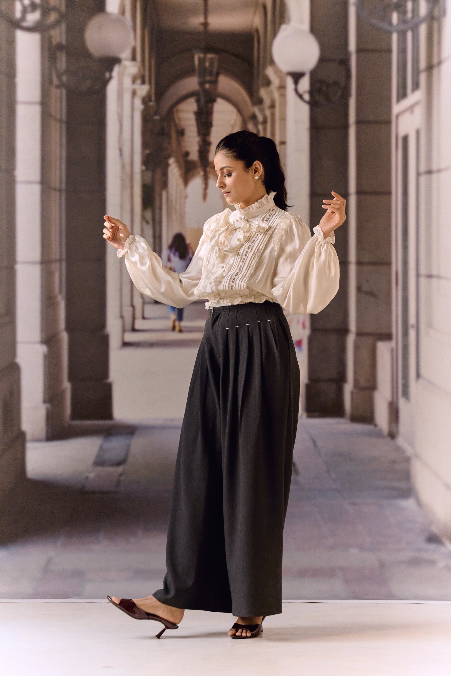 Silk Cotton Pintuck Ruffle Blouse