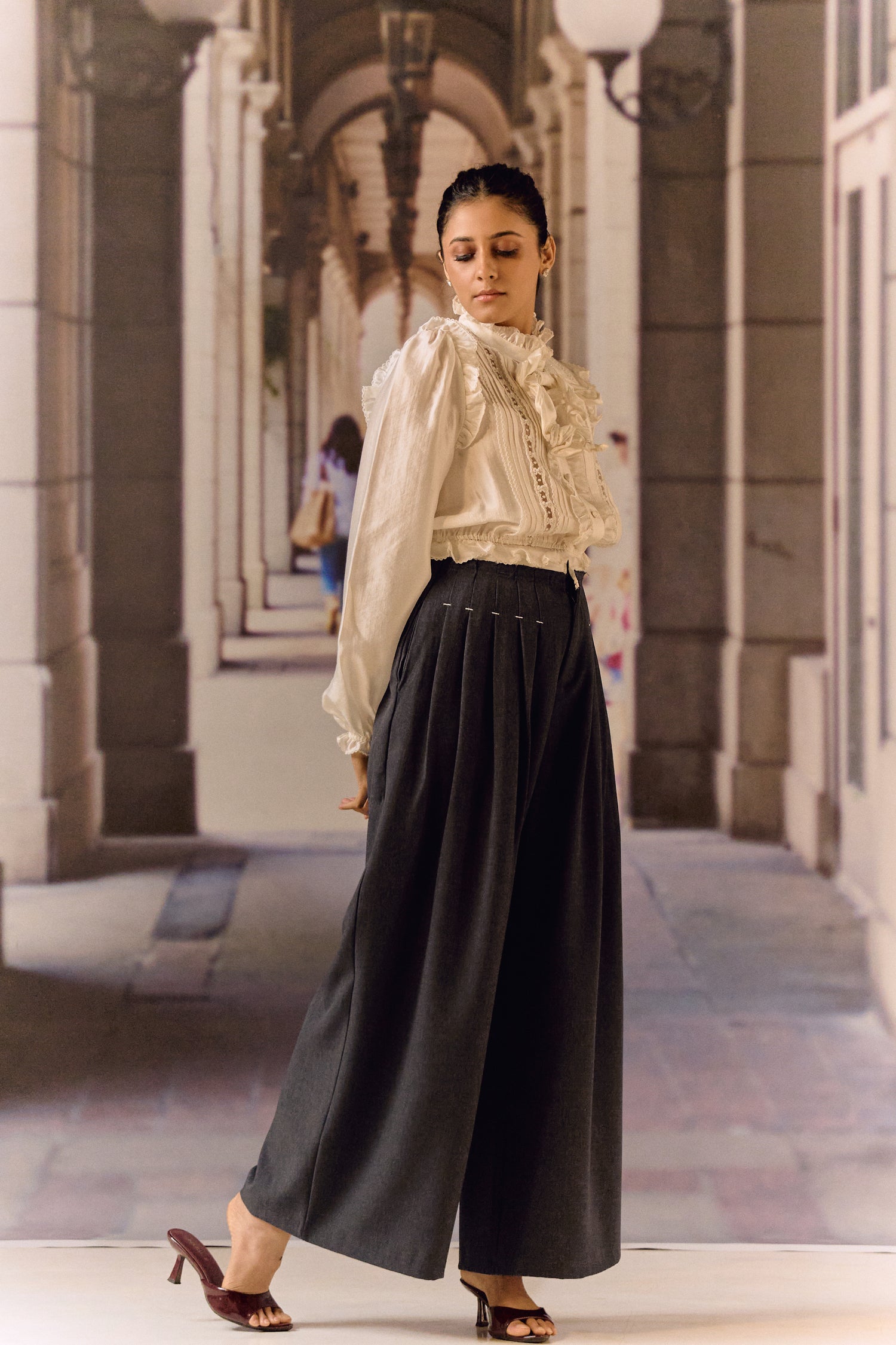 Silk Cotton Pintuck Ruffle Blouse