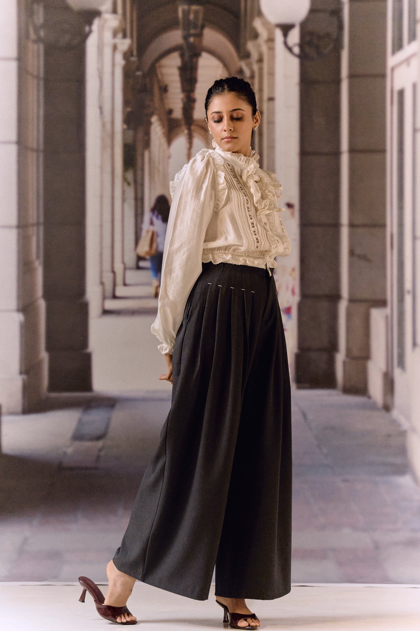 Silk Cotton Pintuck Ruffle Blouse