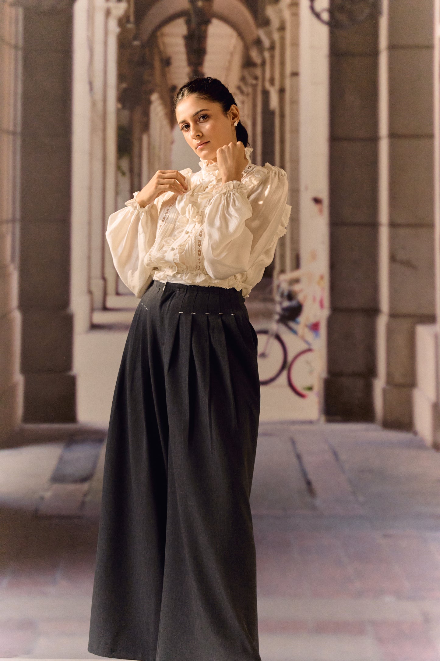 Silk Cotton Pintuck Ruffle Blouse