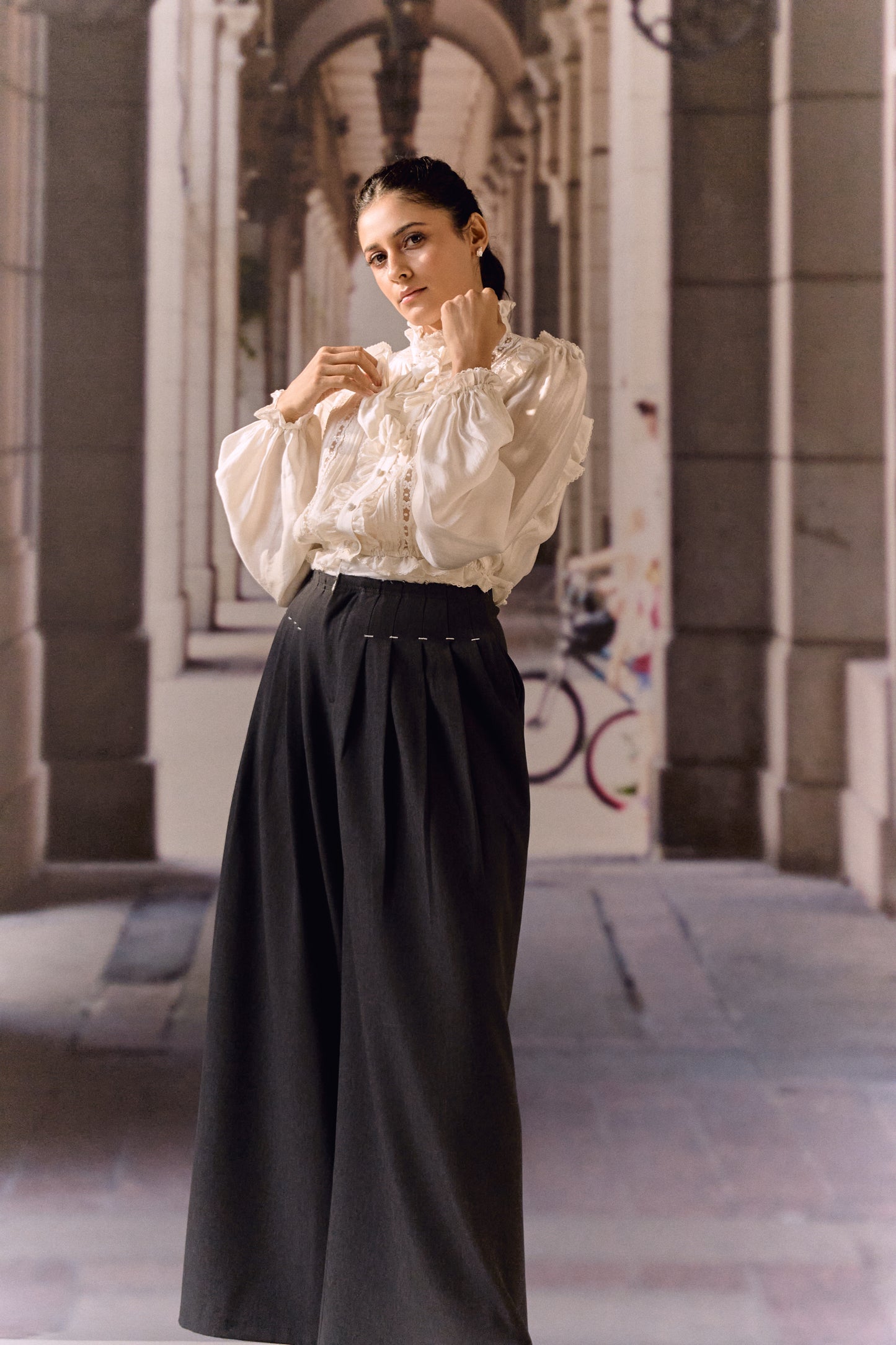 Silk Cotton Pintuck Ruffle Blouse