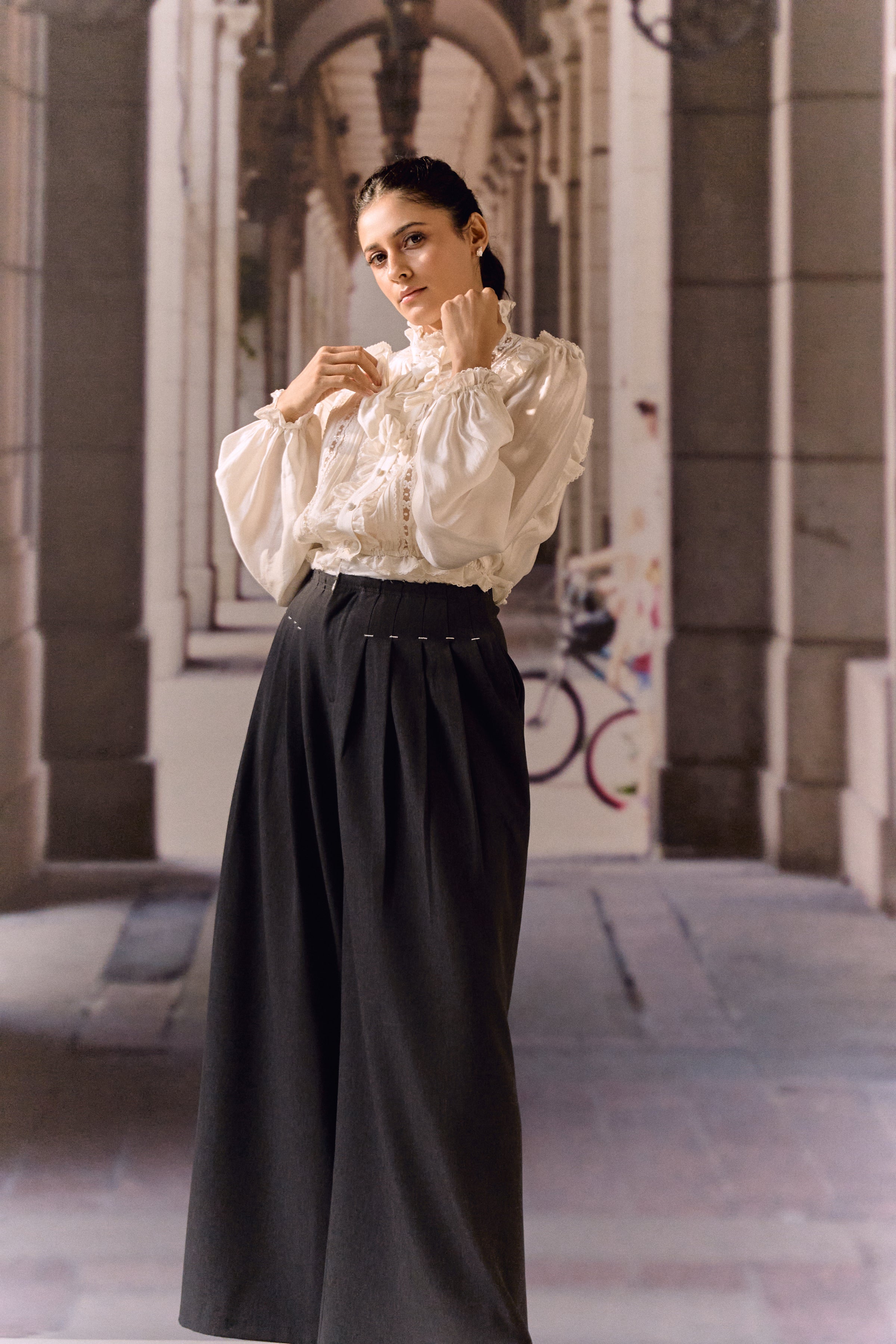 Silk Cotton Pintuck Ruffle Blouse