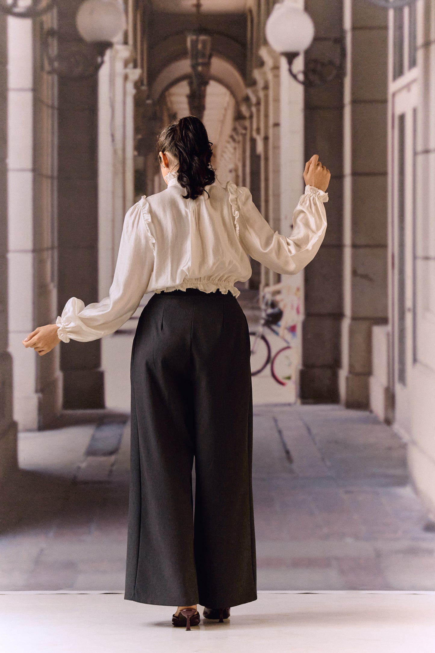 Silk Cotton Pintuck Ruffle Blouse