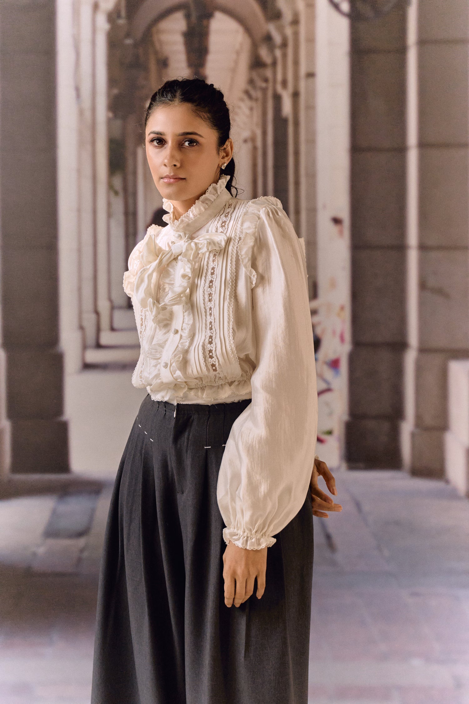 Silk Cotton Pintuck Ruffle Blouse