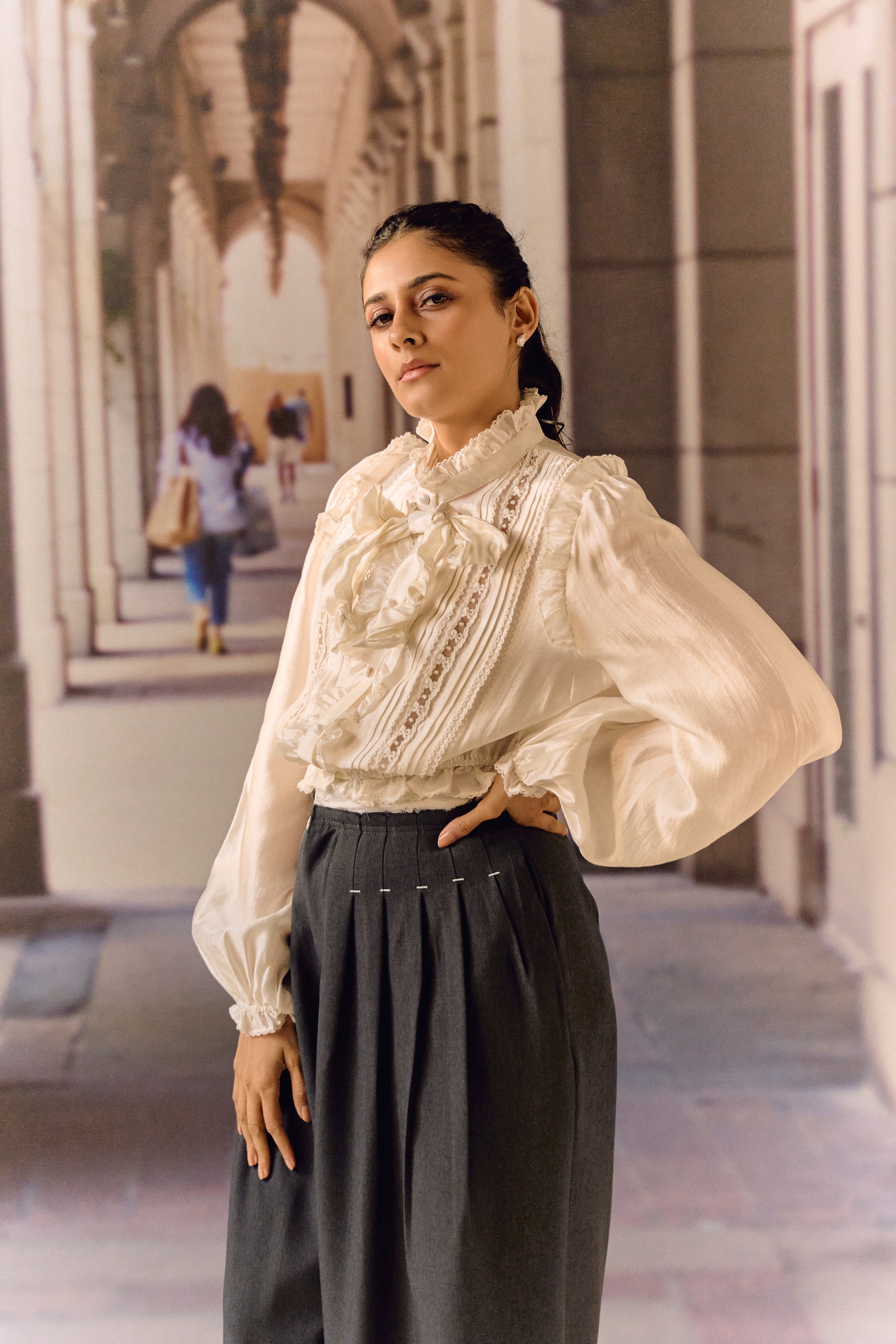 Silk Cotton Pintuck Ruffle Blouse