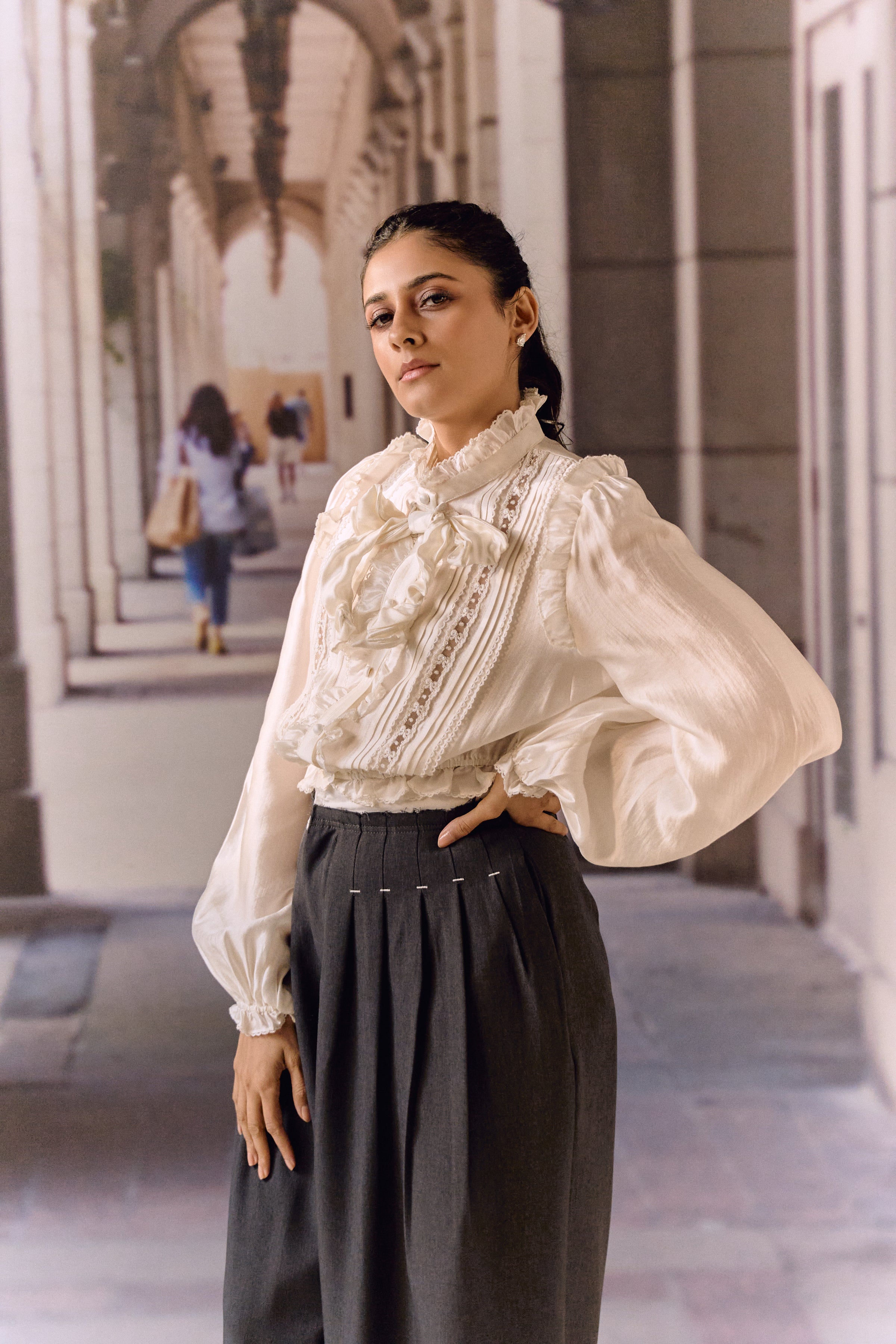 Silk Cotton Pintuck Ruffle Blouse