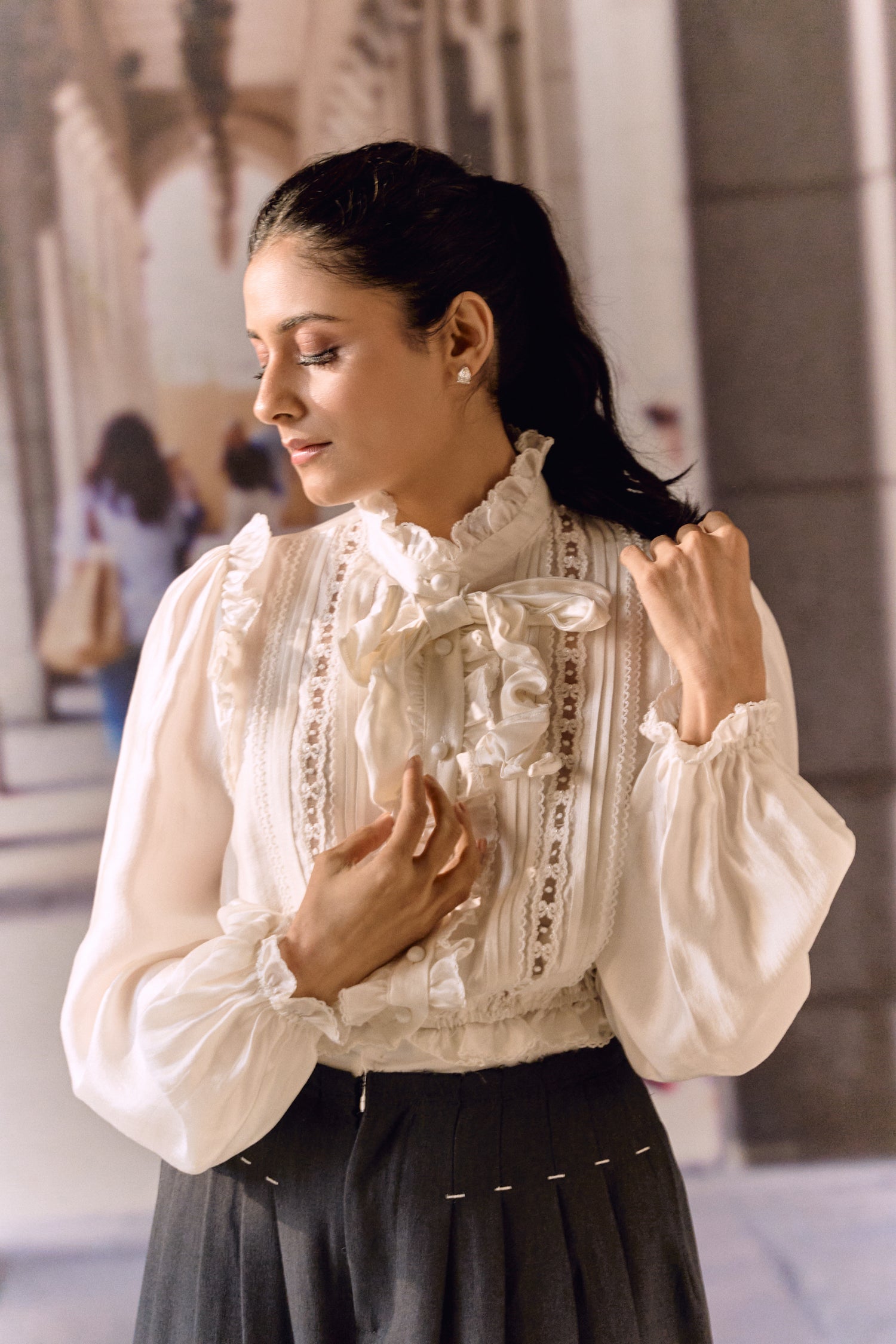 Silk Cotton Pintuck Ruffle Blouse