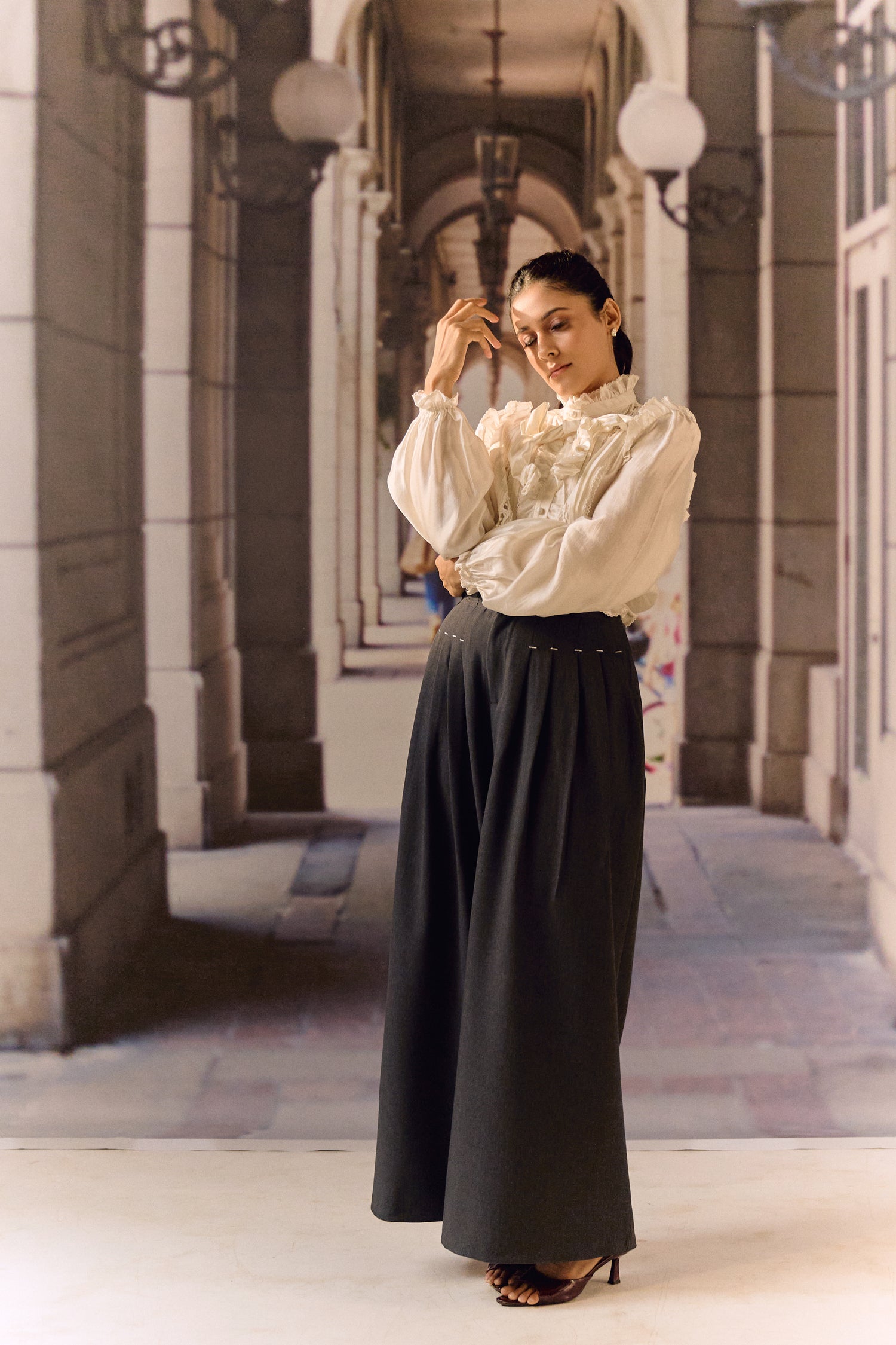 Silk Cotton Pintuck Ruffle Blouse