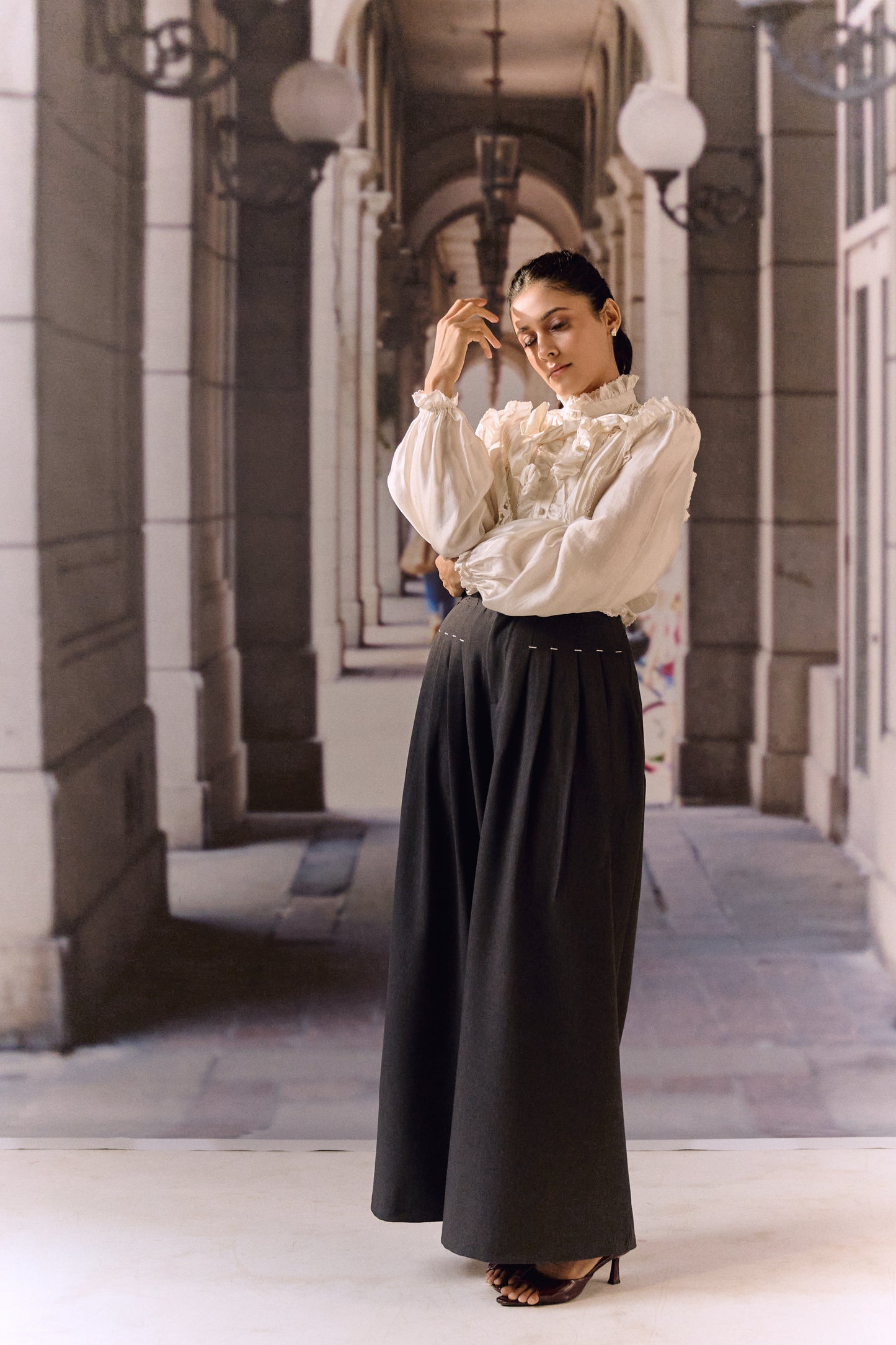 Silk Cotton Pintuck Ruffle Blouse
