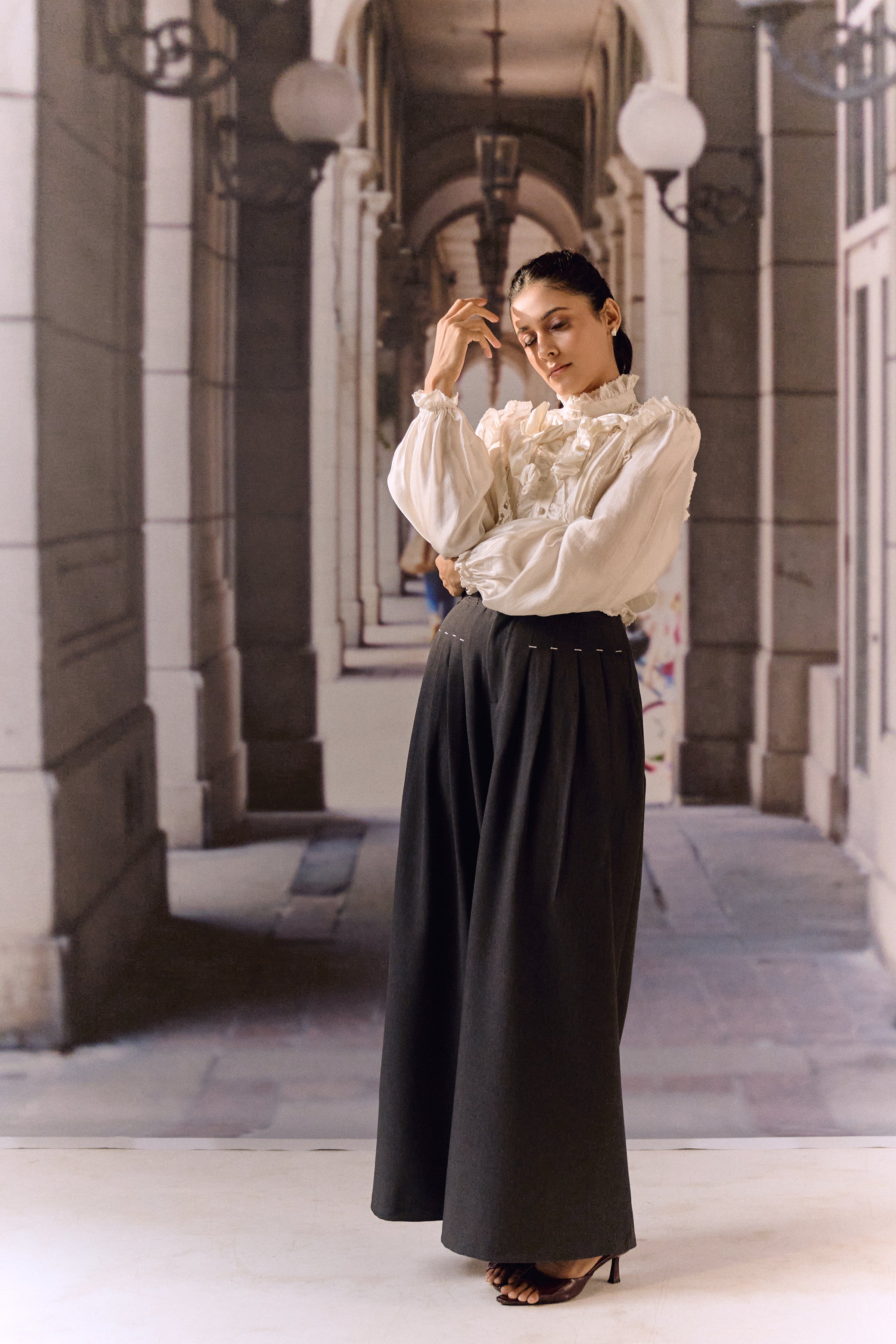 Silk Cotton Pintuck Ruffle Blouse