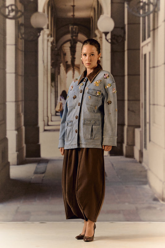 Detatchable puffer long denim leather jacket with bauble work