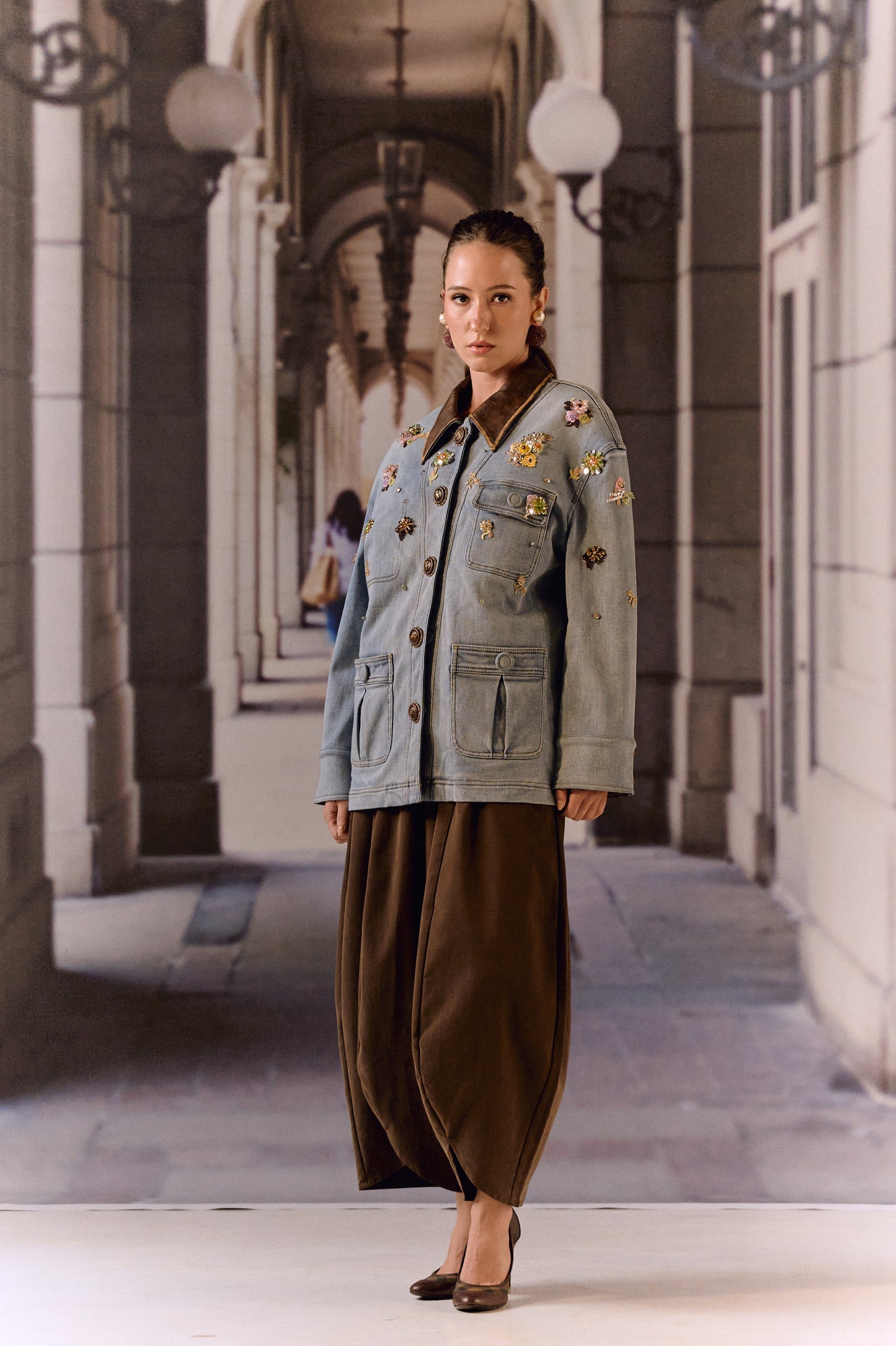 Detatchable puffer long denim leather jacket with bauble work