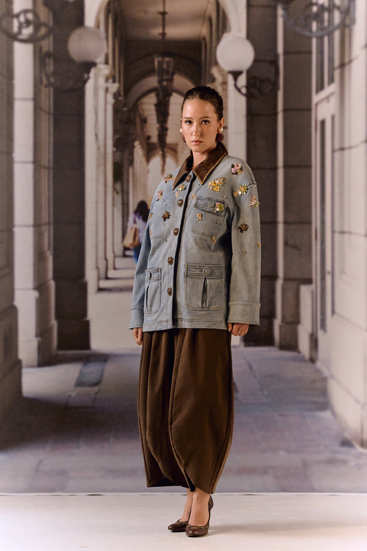 Detatchable puffer long denim leather jacket with bauble work