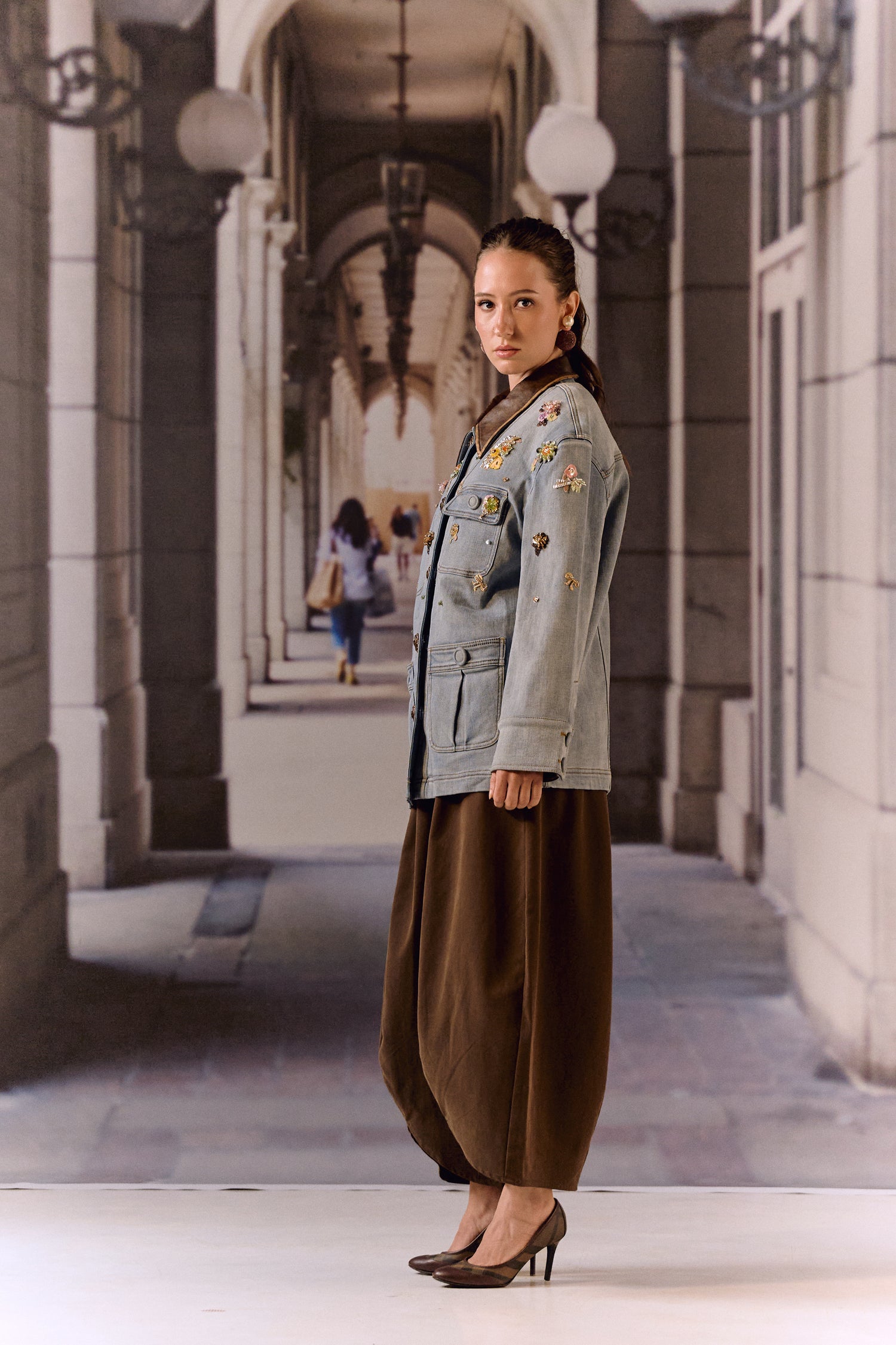 Detatchable puffer long denim leather jacket with bauble work