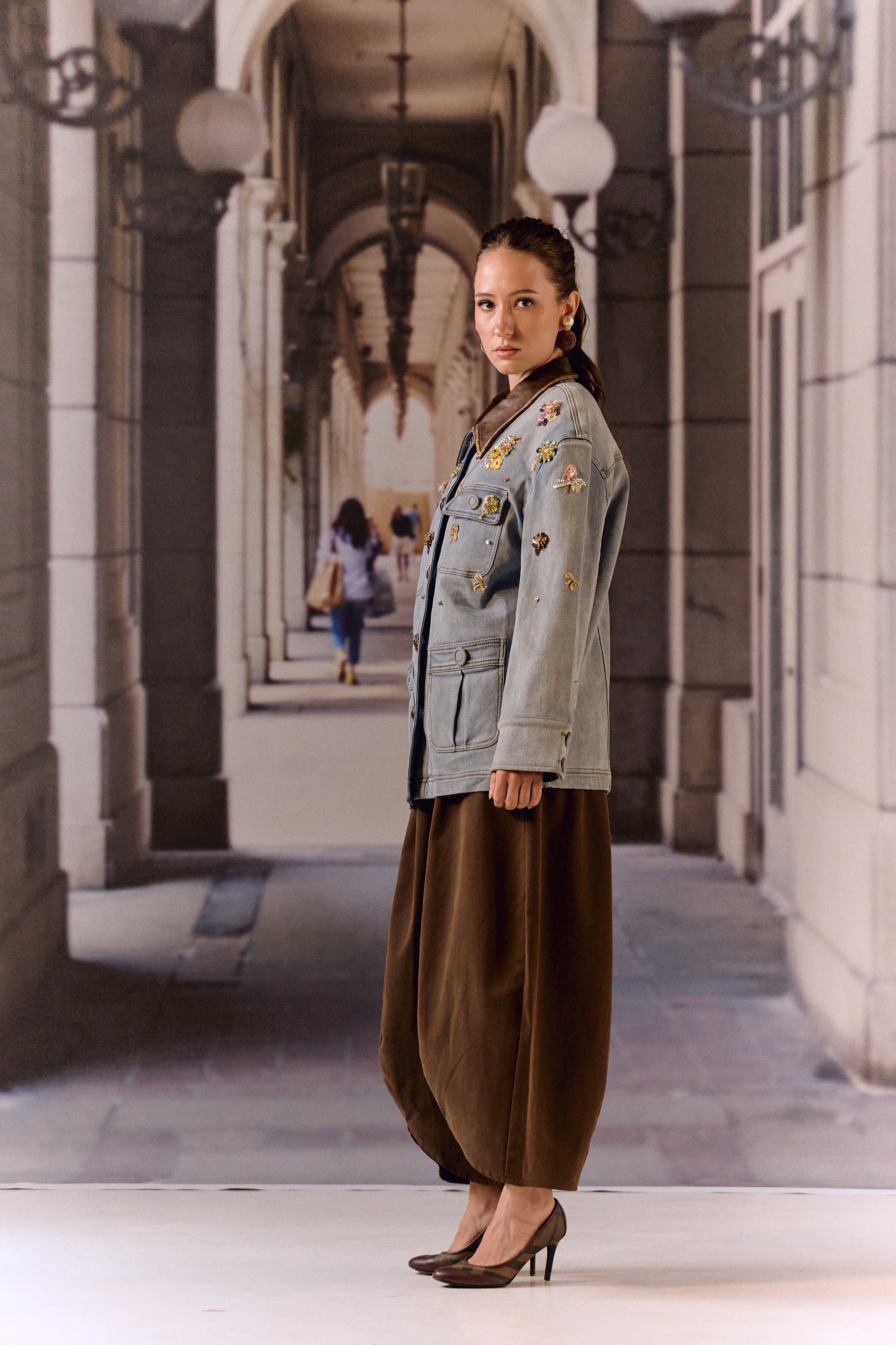 Detatchable puffer long denim leather jacket with bauble work