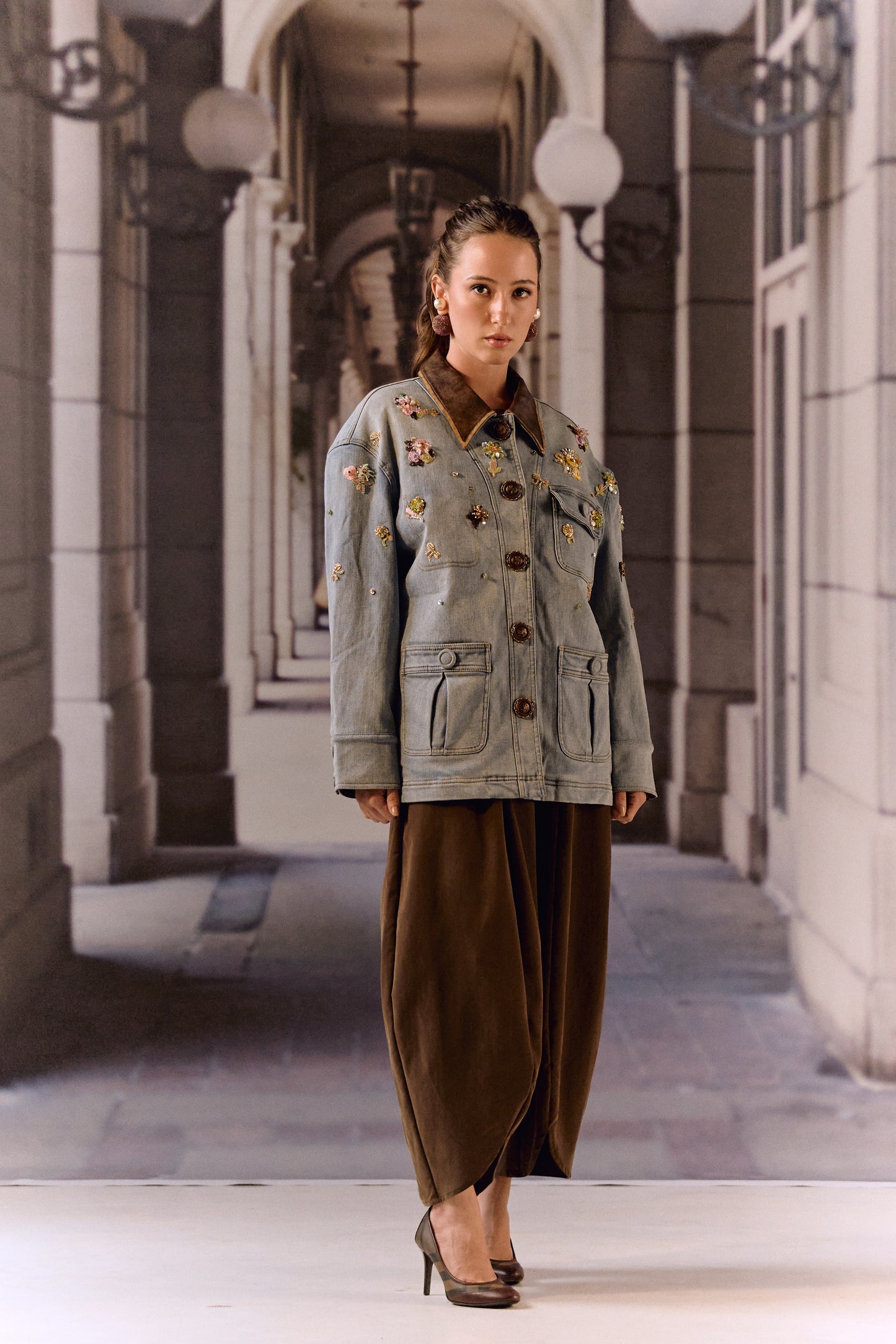 Detatchable puffer long denim leather jacket with bauble work