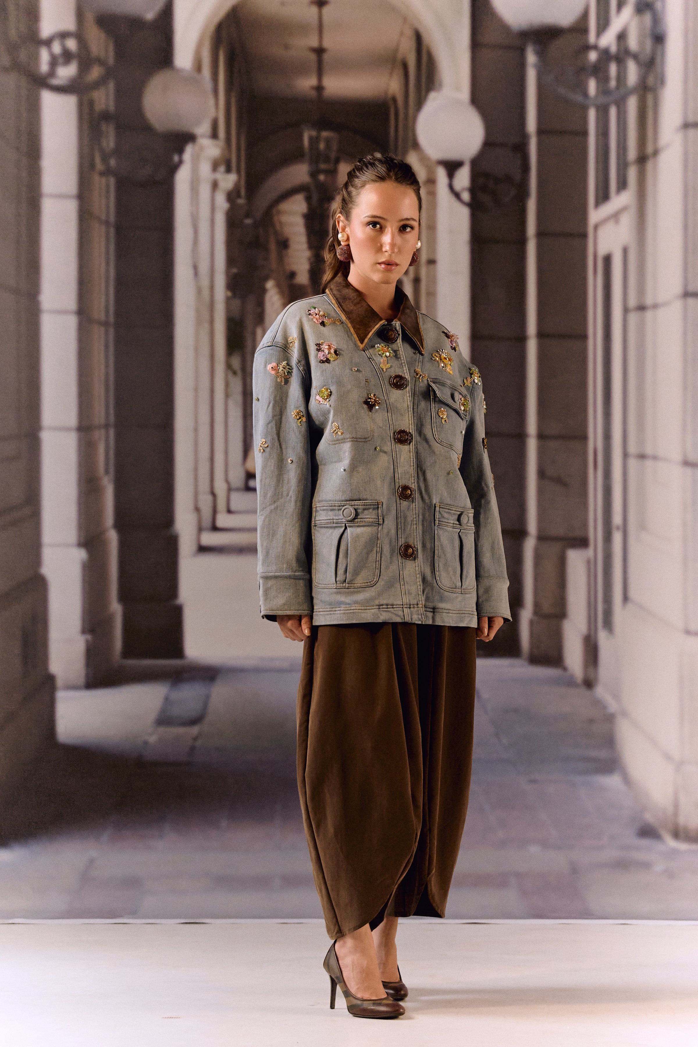 Detatchable puffer long denim leather jacket with bauble work