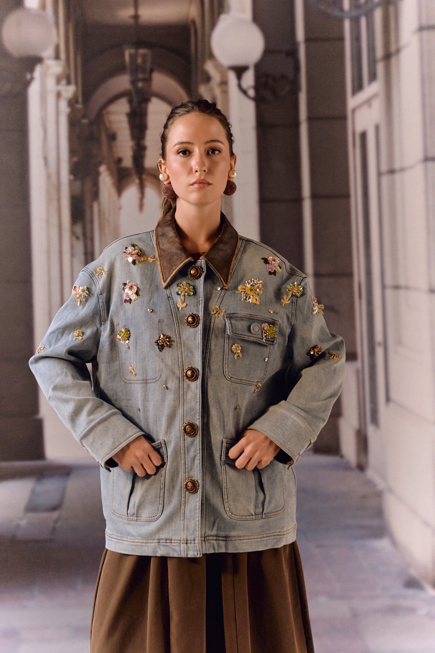 Detatchable puffer long denim leather jacket with bauble work