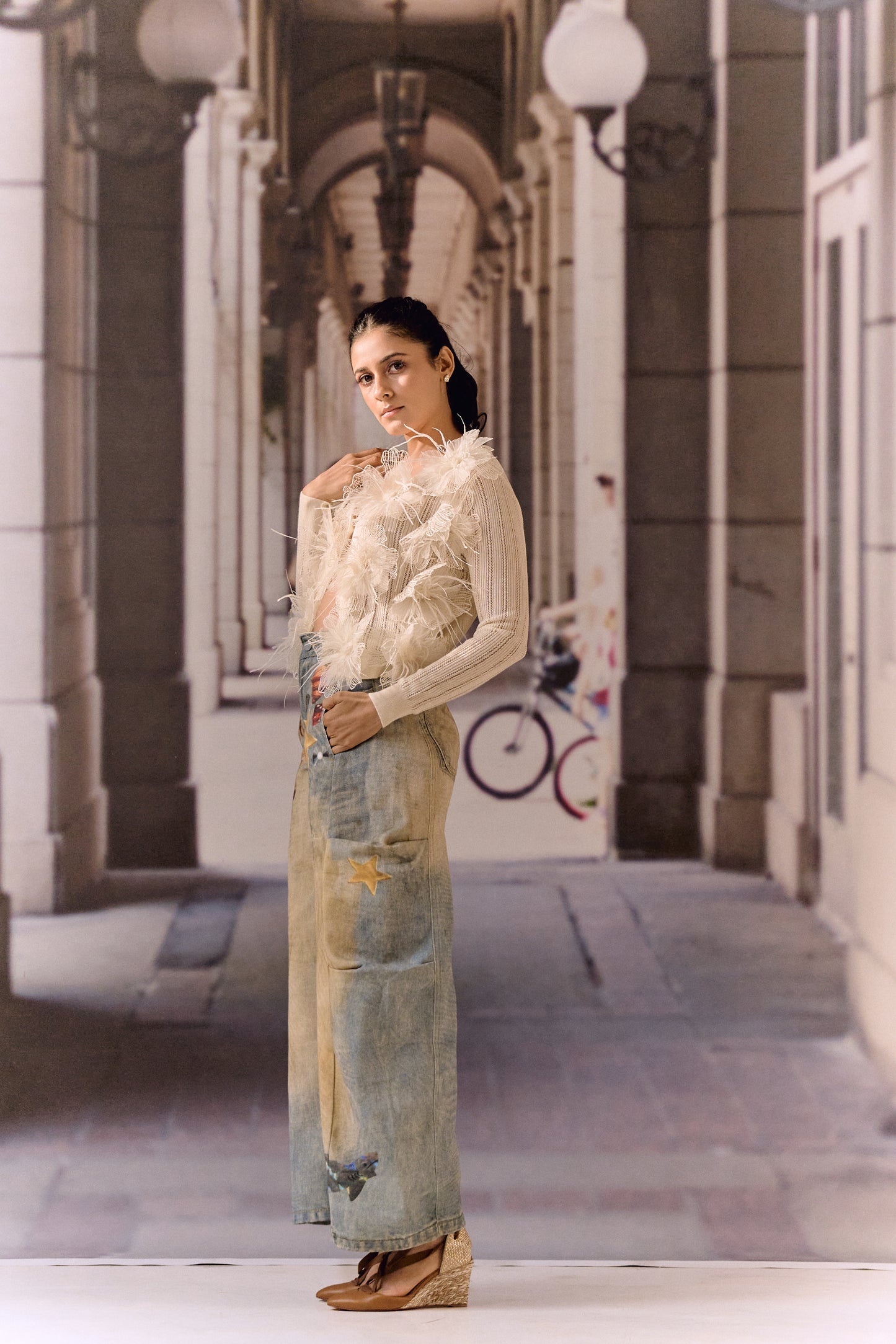 Summer Cardigan with 3D Flower appliqué & ostrich feather - Ivory