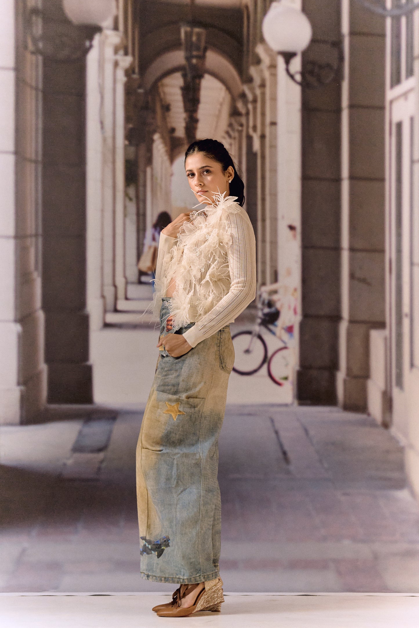 Summer Cardigan with 3D Flower appliqué & ostrich feather - Ivory