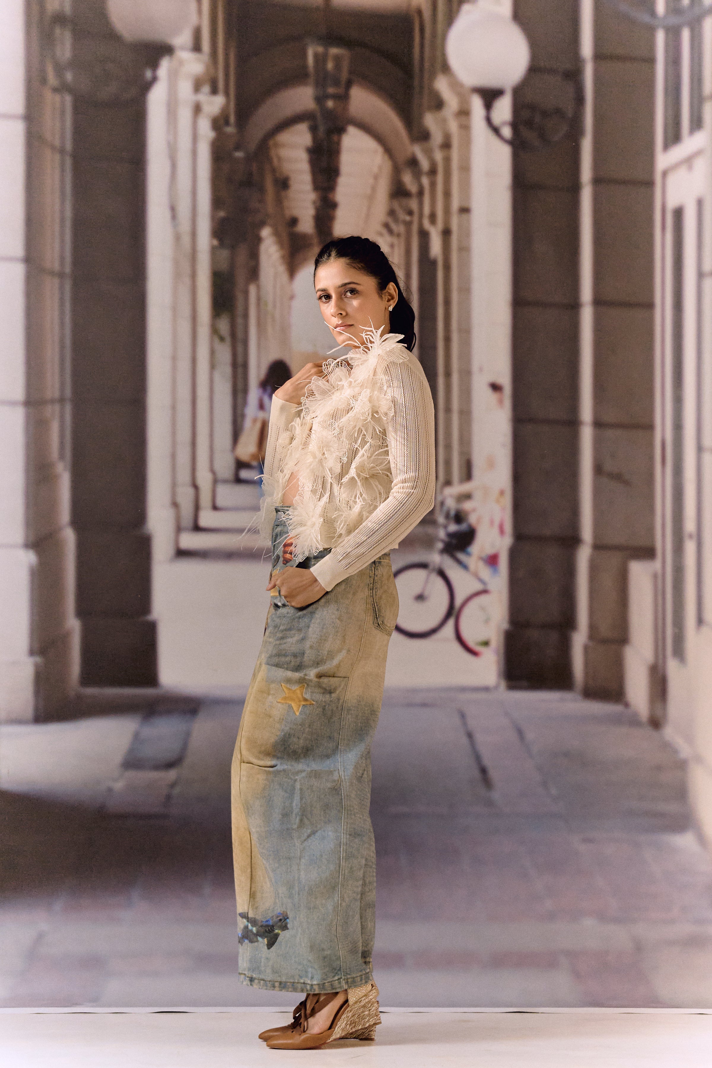 Summer Cardigan with 3D Flower appliqué & ostrich feather - Ivory