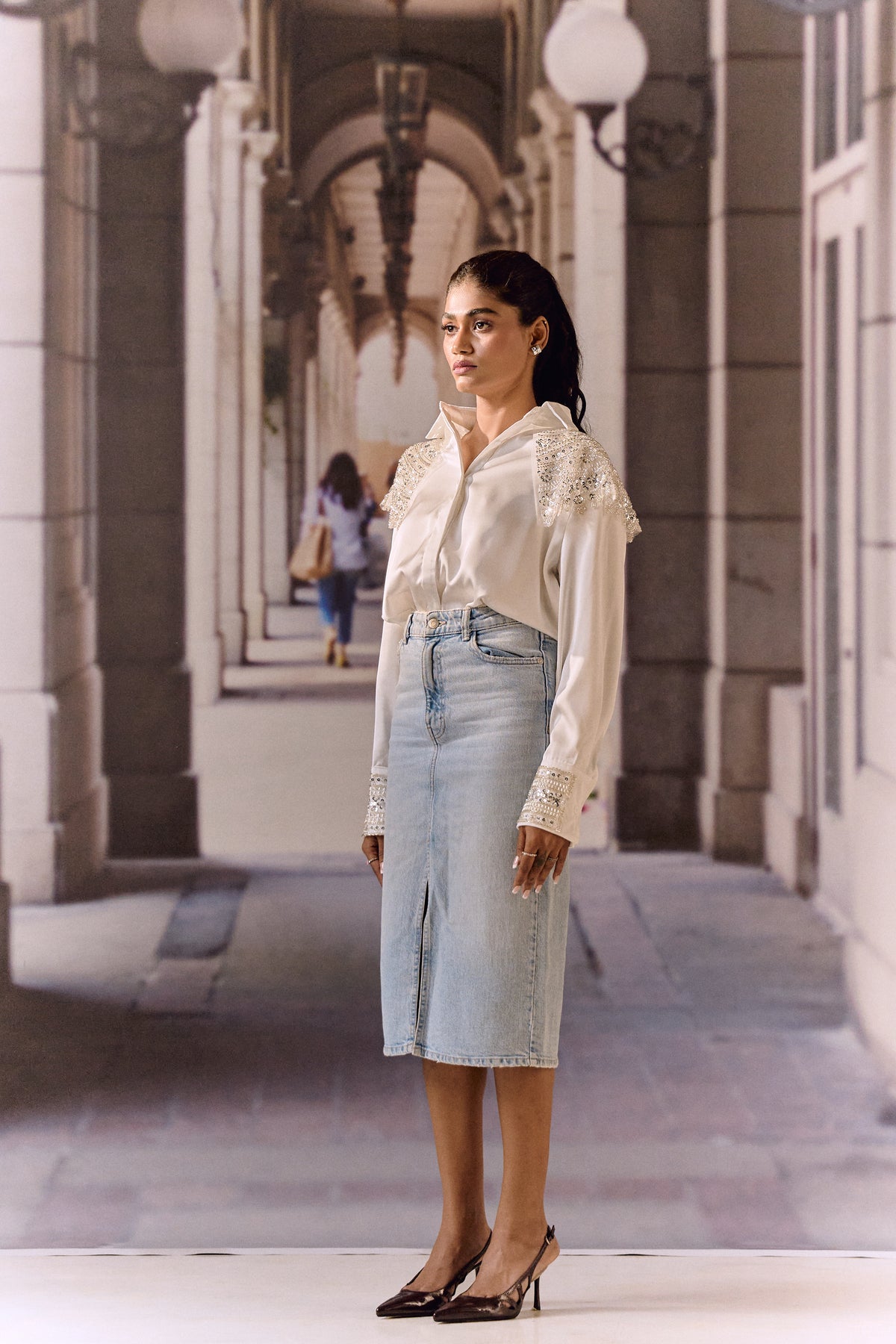 Bugle Beaded Satin Shirt- Silver and White