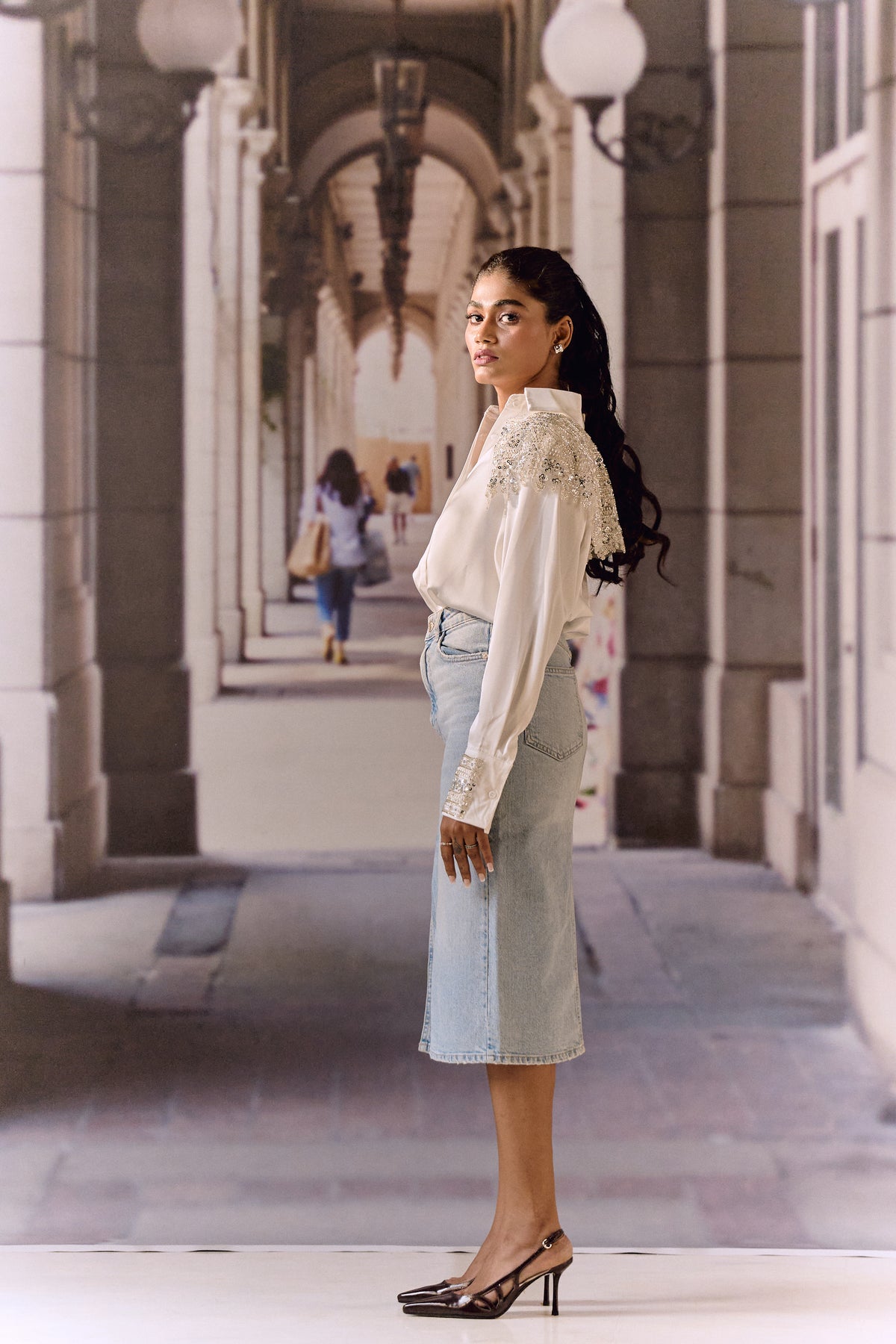 Bugle Beaded Satin Shirt- Silver and White