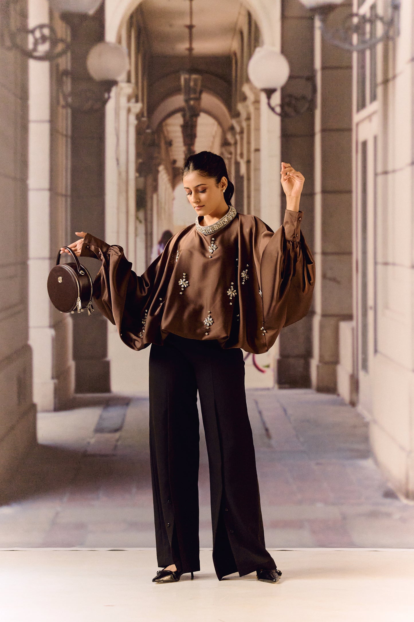 Silk satin balloon crystal kaftan top - Choco