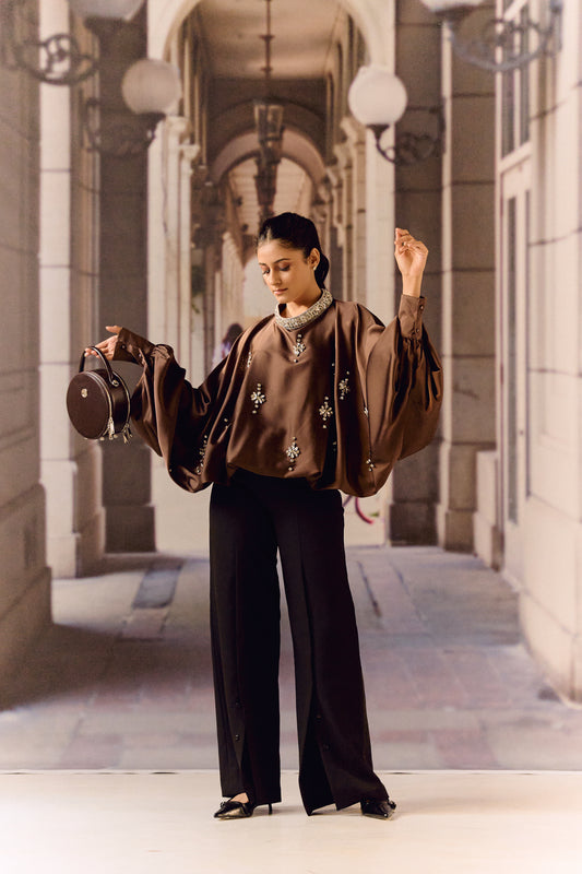 Silk satin balloon crystal kaftan top - Choco