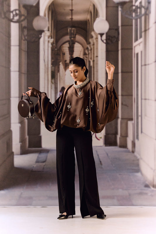 Silk satin balloon crystal kaftan top - Choco