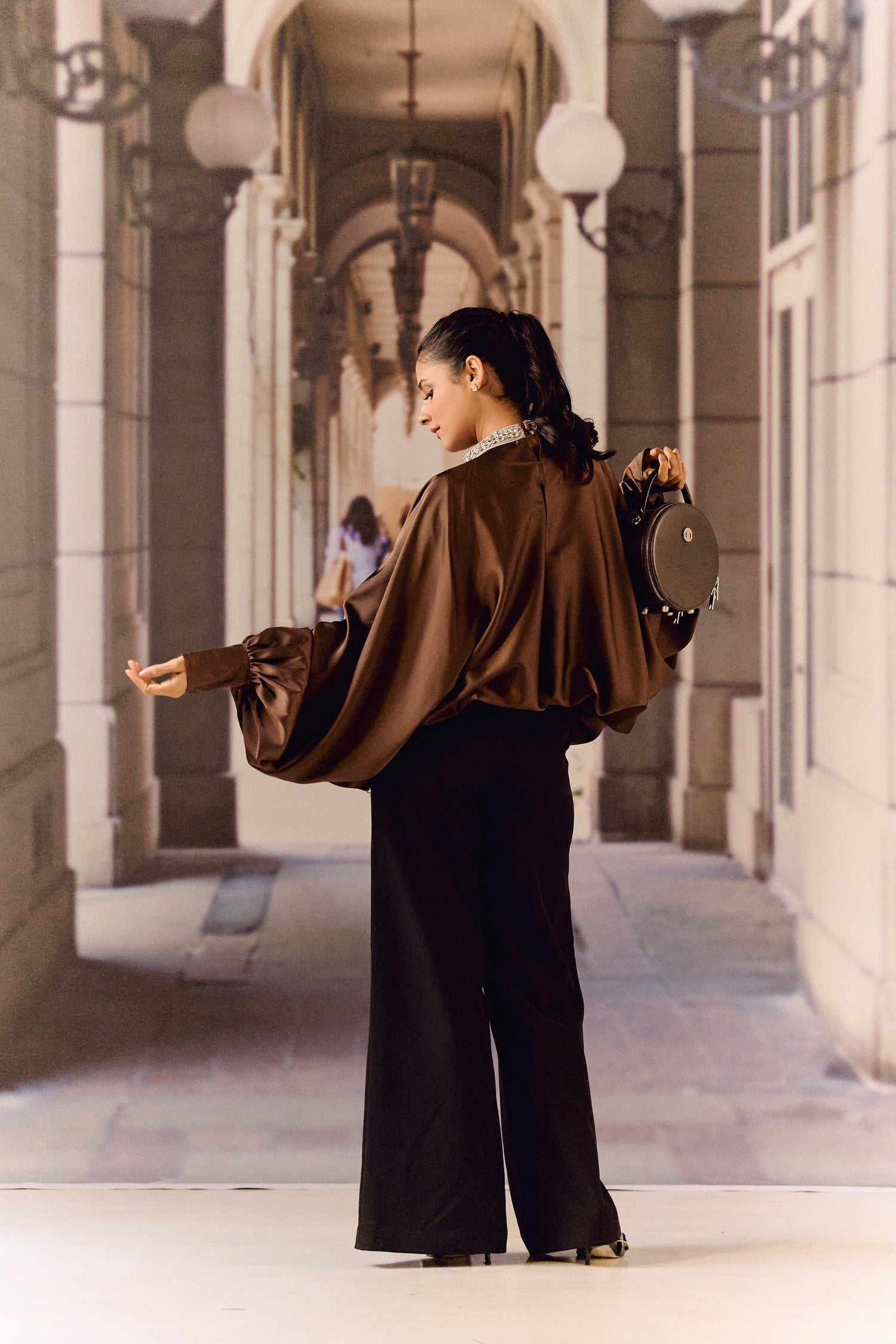 Silk satin balloon crystal kaftan top - Choco