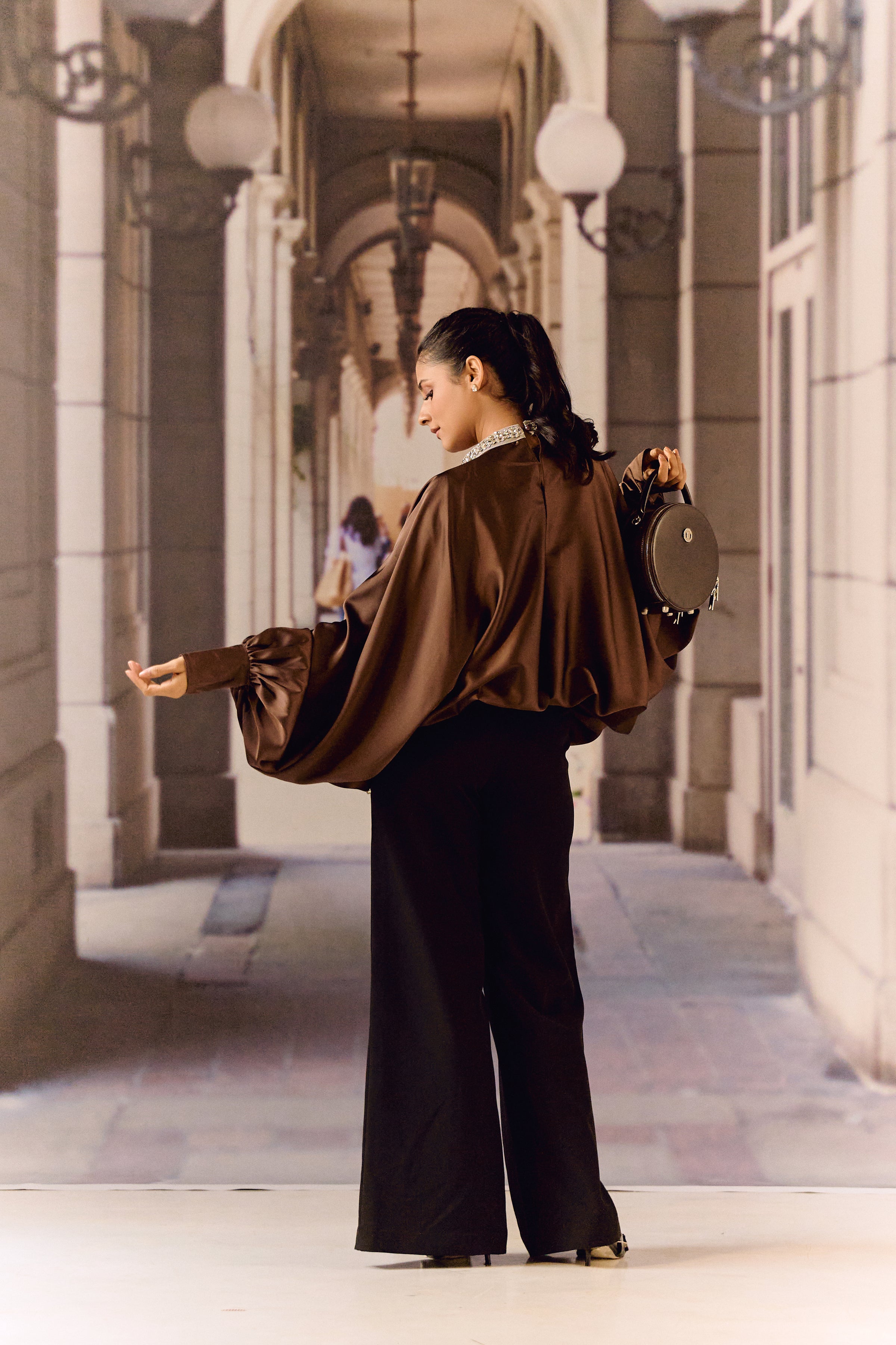 Silk satin balloon crystal kaftan top - Choco