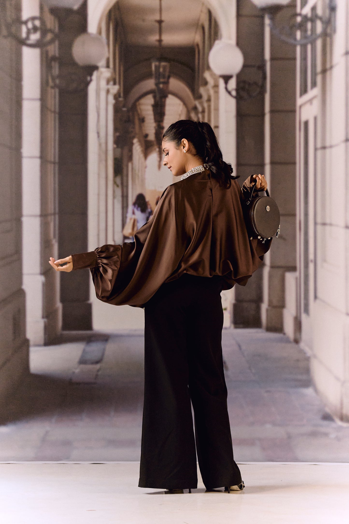 Silk satin balloon crystal kaftan top - Choco