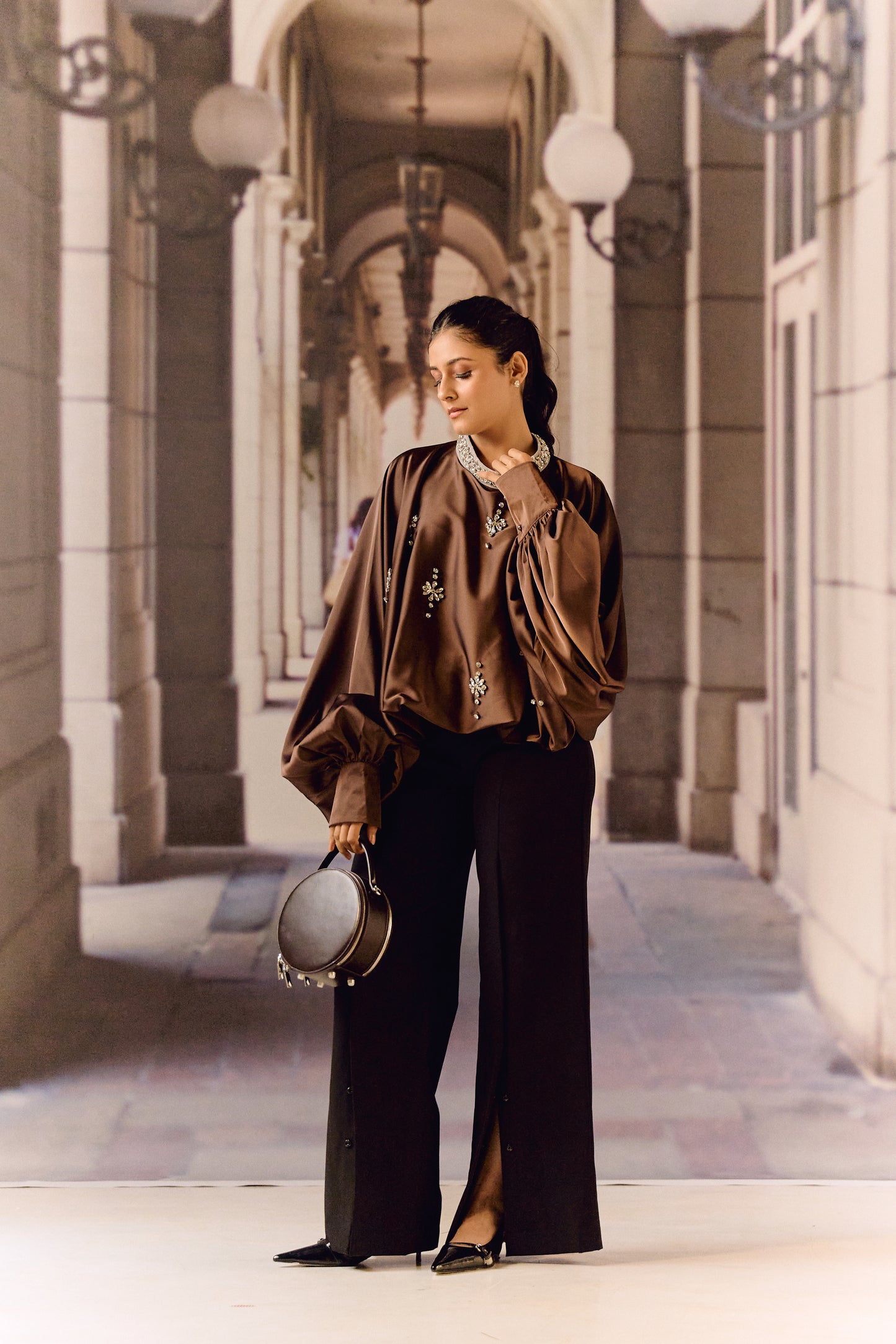 Silk satin balloon crystal kaftan top - Choco